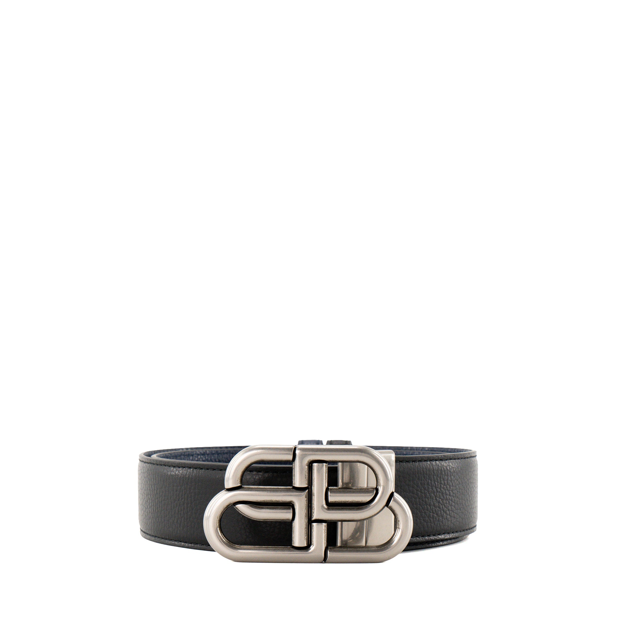 BALENCIAGA - Ceinture réversible BB Balenciaga en cuir grainé bleu et noir (T95)