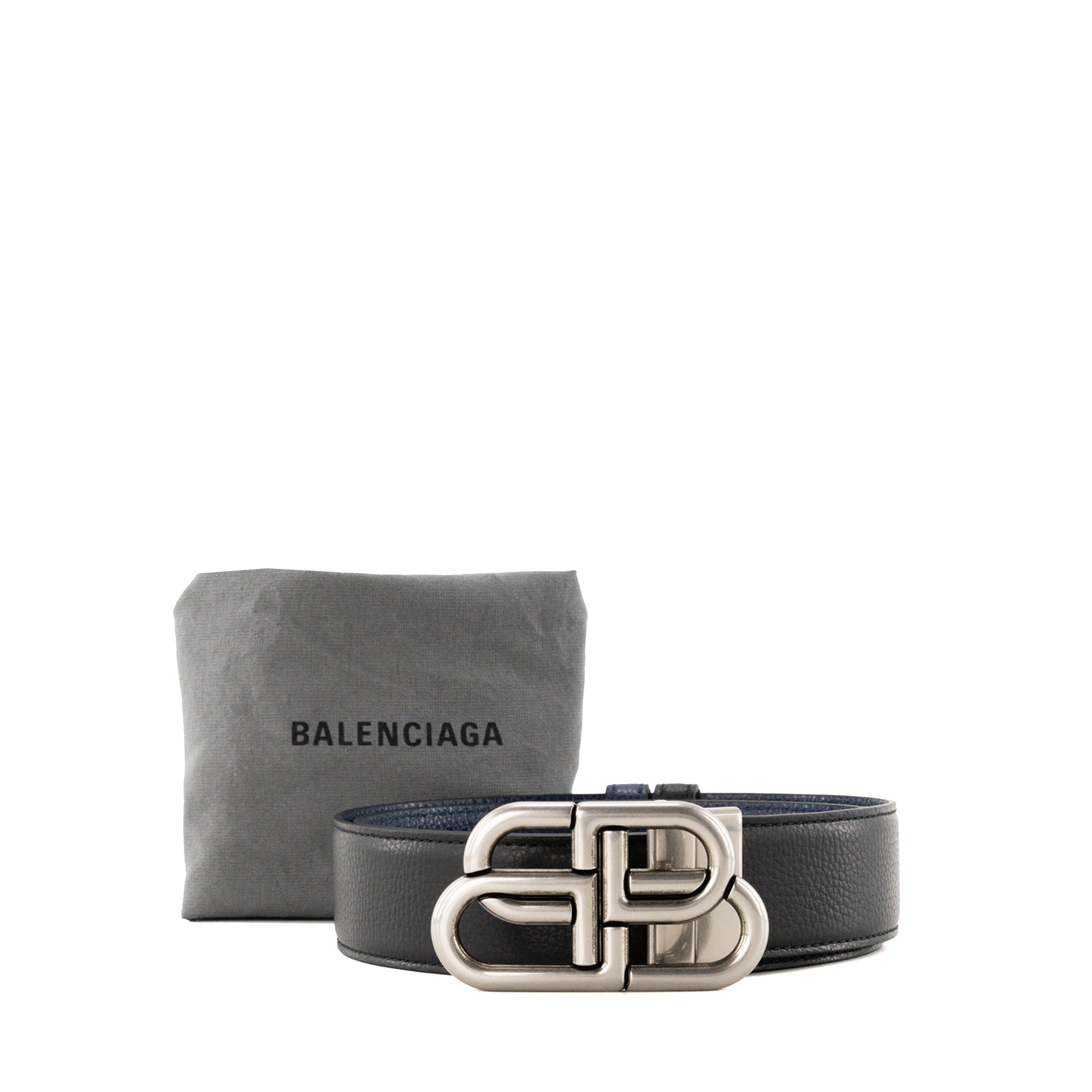 BALENCIAGA - Ceinture réversible BB Balenciaga en cuir grainé bleu et noir (T95)