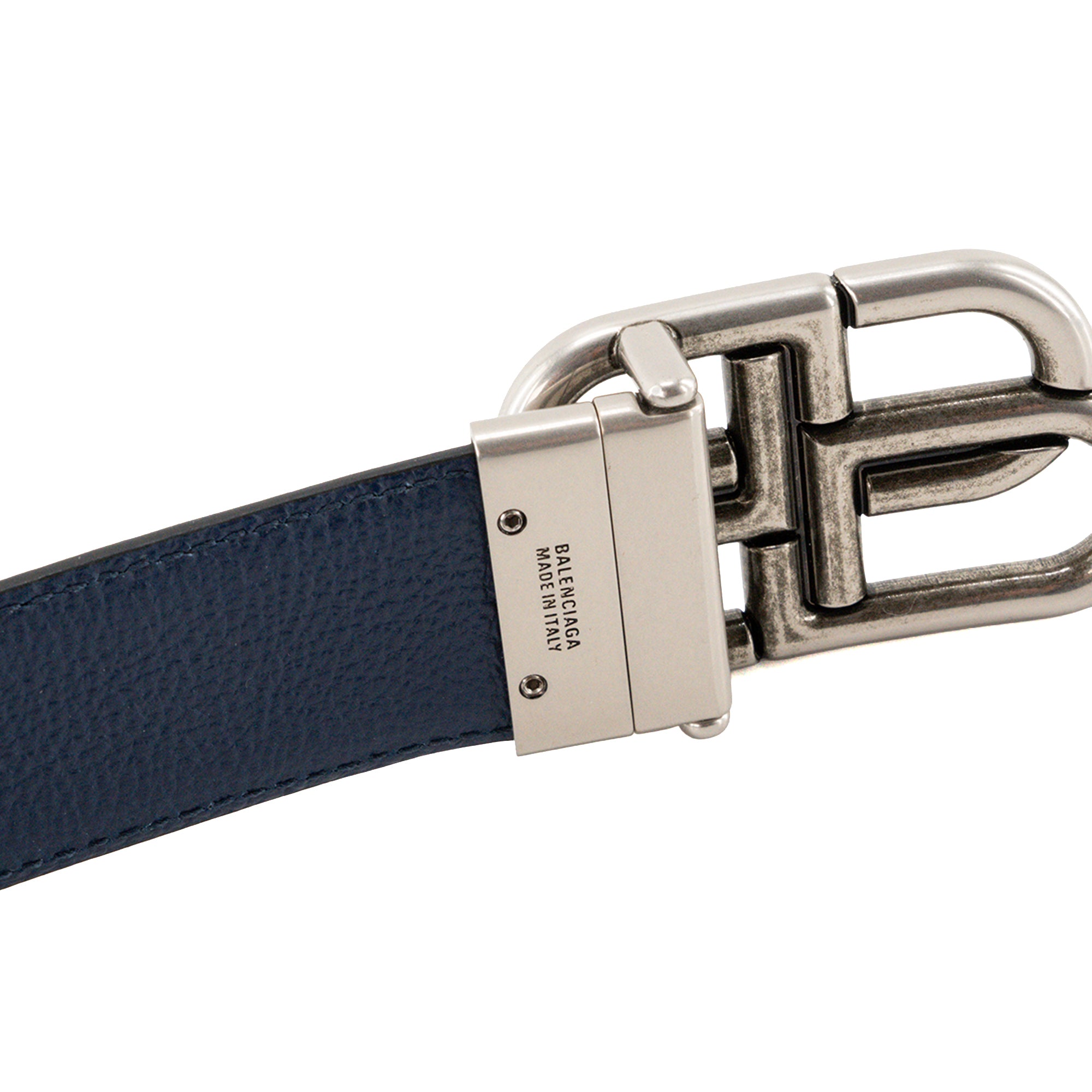 BALENCIAGA - Ceinture réversible BB Balenciaga en cuir grainé bleu et noir (T95)