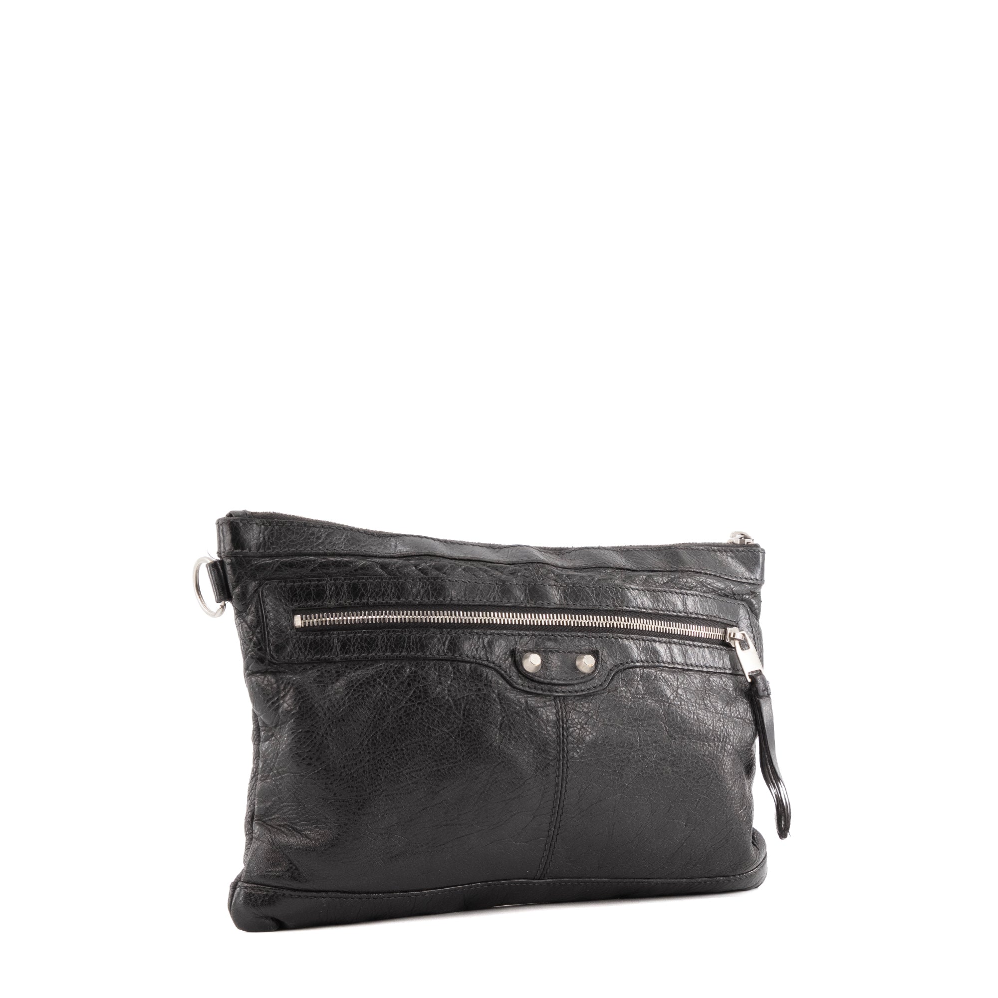 BALENCIAGA - Pochette City Clip Balenciaga en cuir froissé noir