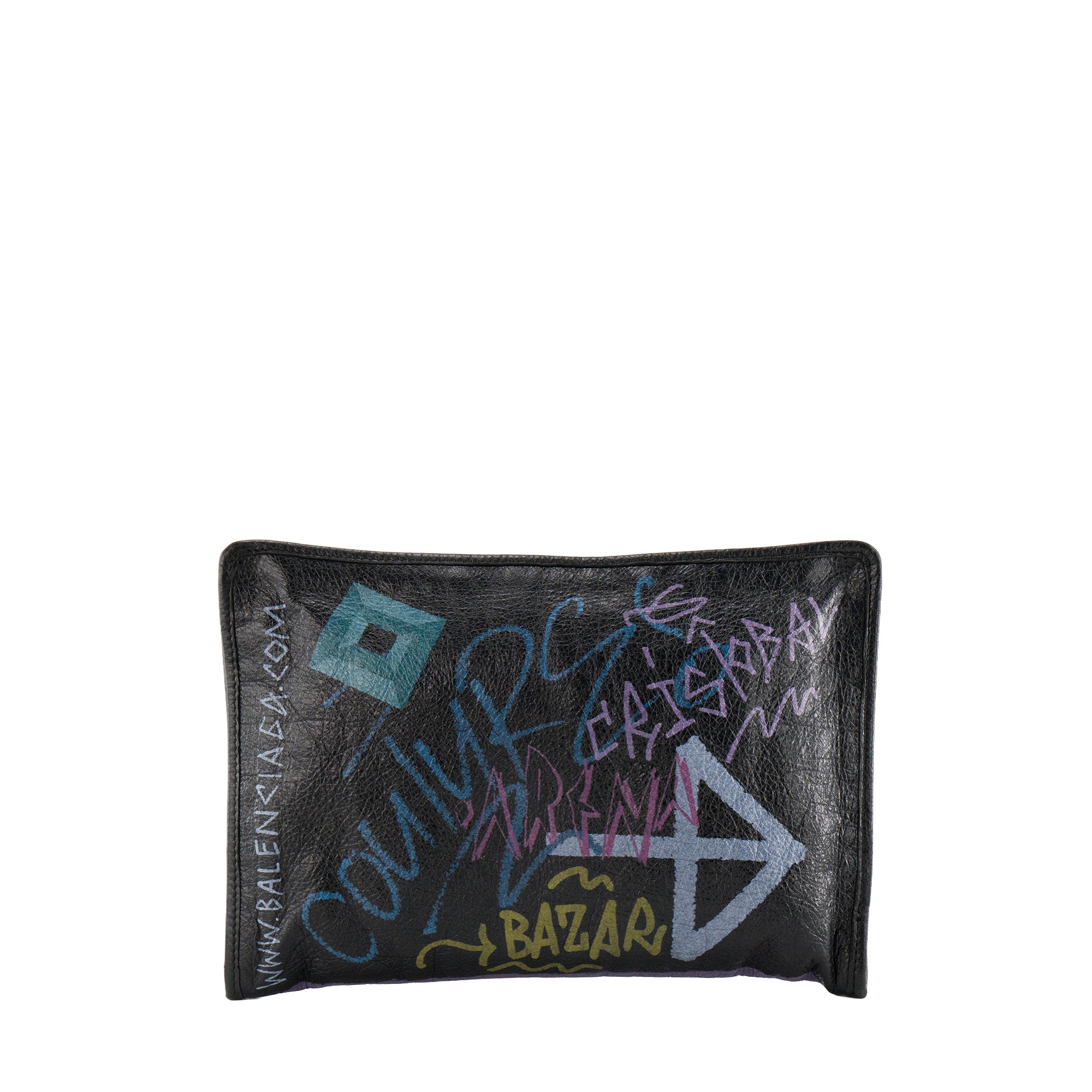 BALENCIAGA - Pochette Graffiti Balenciaga en cuir froissé noir