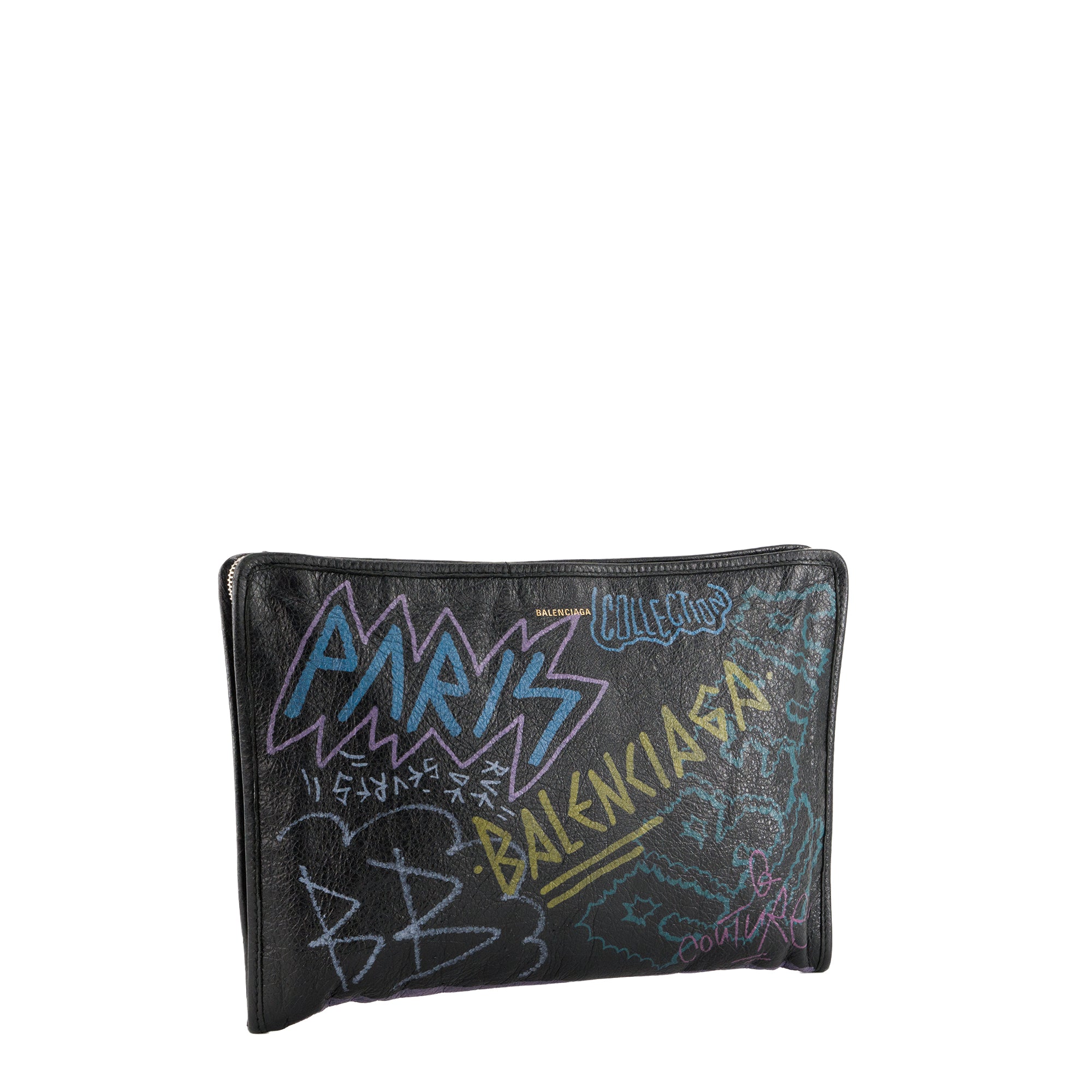 BALENCIAGA - Pochette Graffiti Balenciaga en cuir froissé noir