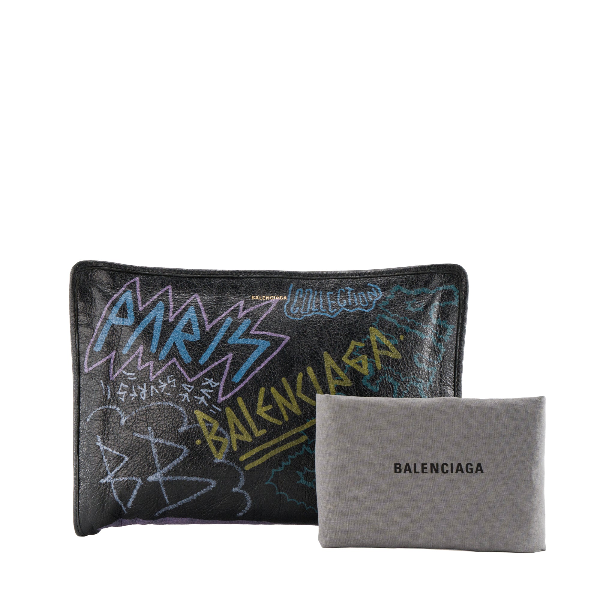 BALENCIAGA - Pochette Graffiti Balenciaga en cuir froissé noir