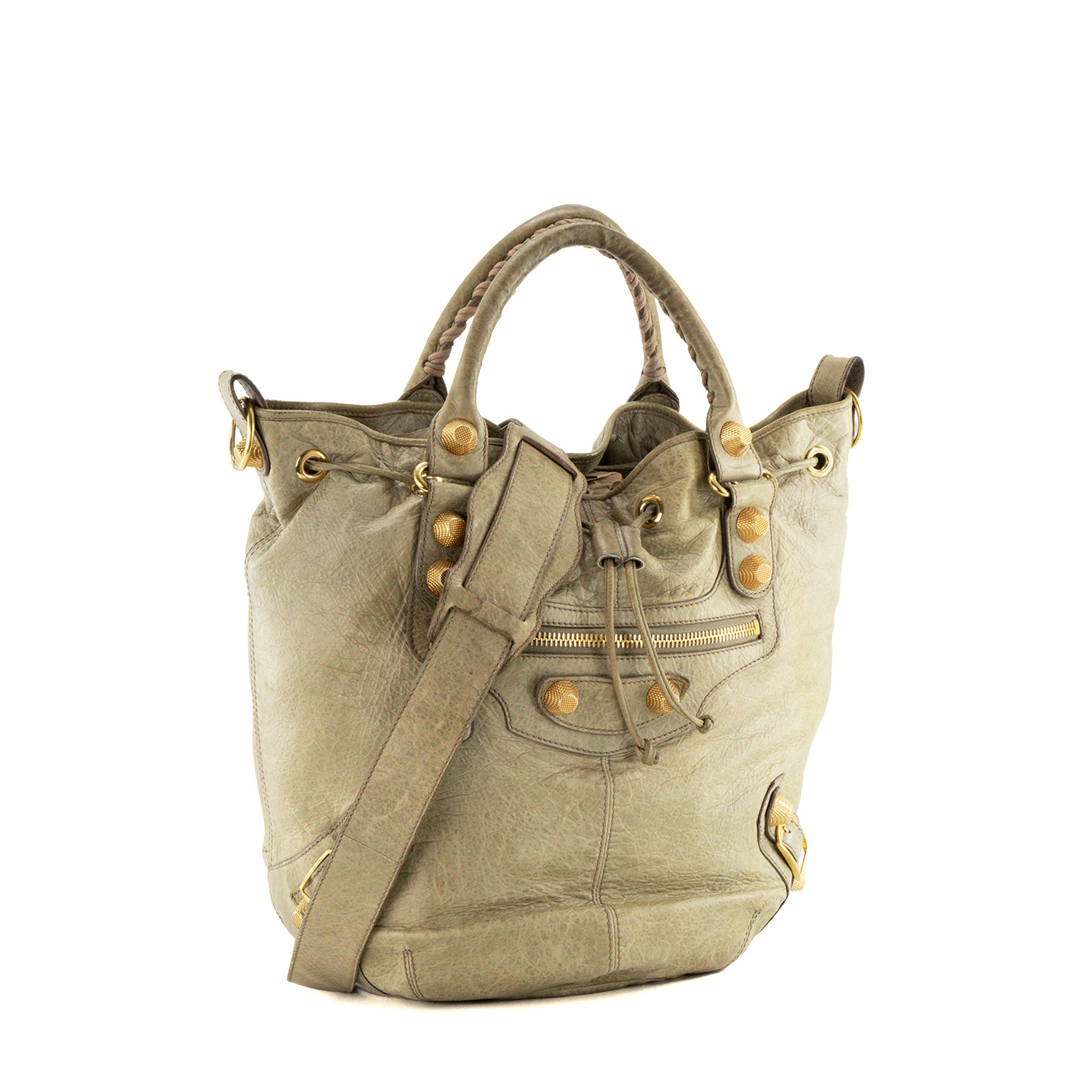 BALENCIAGA - Sac à bandoulière Giant Pompon Balenciaga en cuir froissé kaki