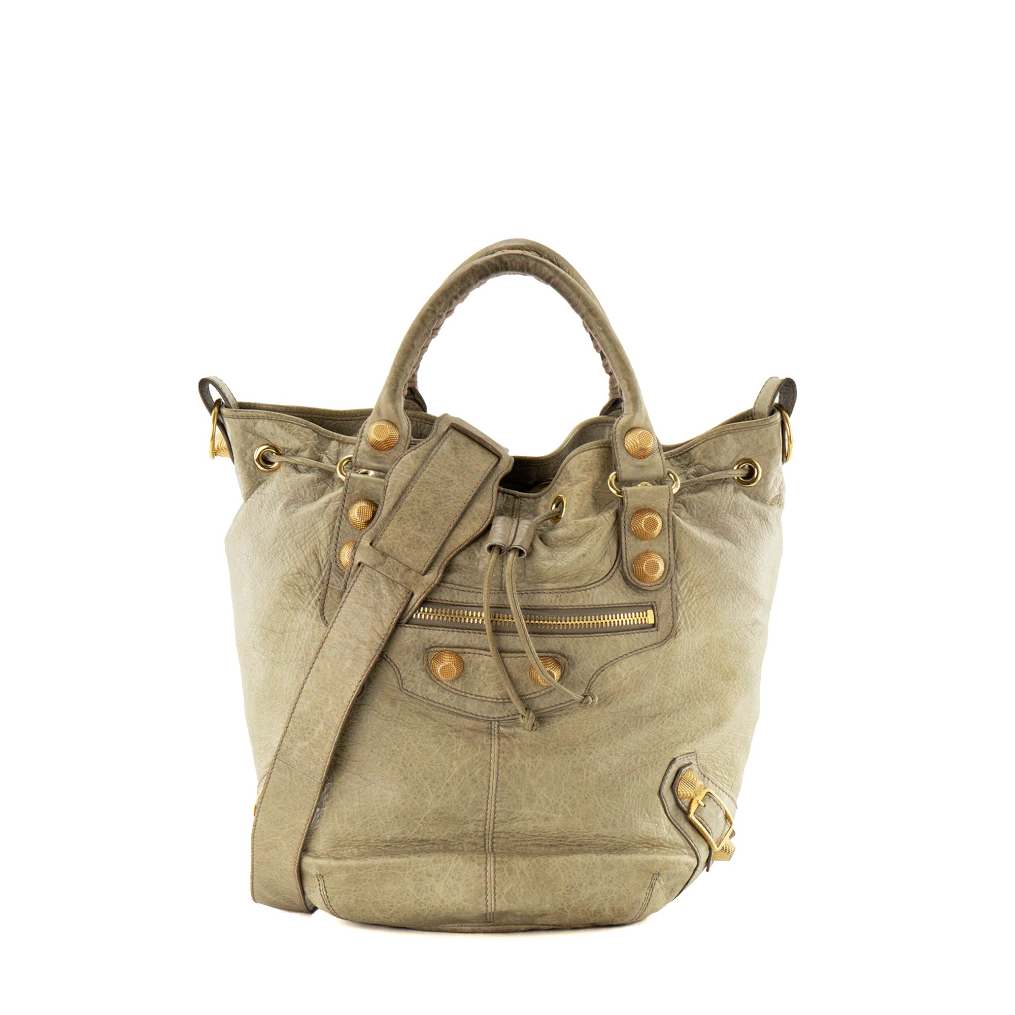 BALENCIAGA - Sac à bandoulière Giant Pompon Balenciaga en cuir froissé kaki