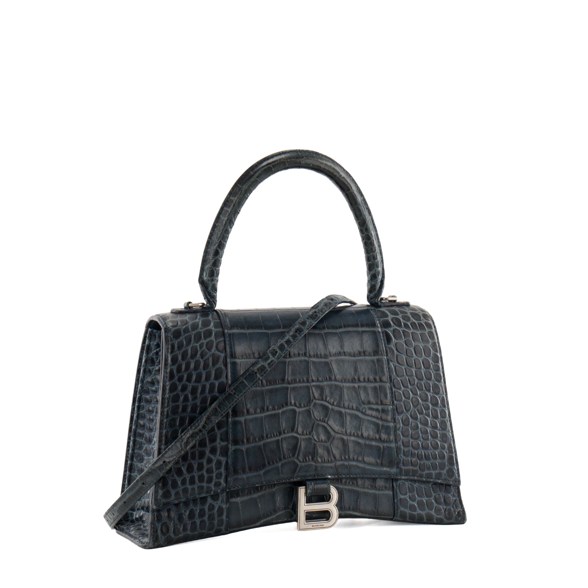 BALENCIAGA - Sac à bandoulière Hourglass Medium Balenciaga en cuir embossé crocodile bleu marine