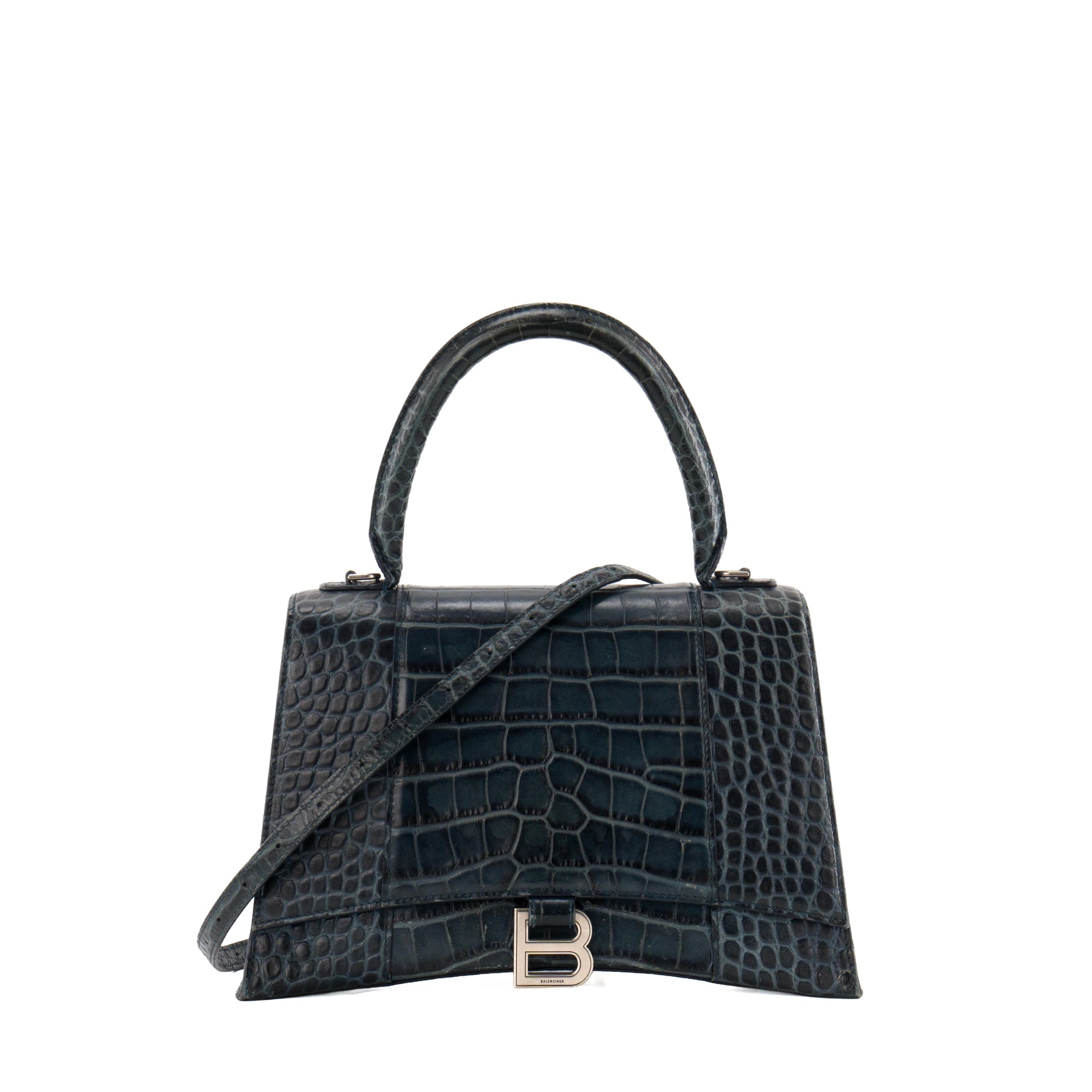 BALENCIAGA - Sac à bandoulière Hourglass Medium Balenciaga en cuir embossé crocodile bleu marine