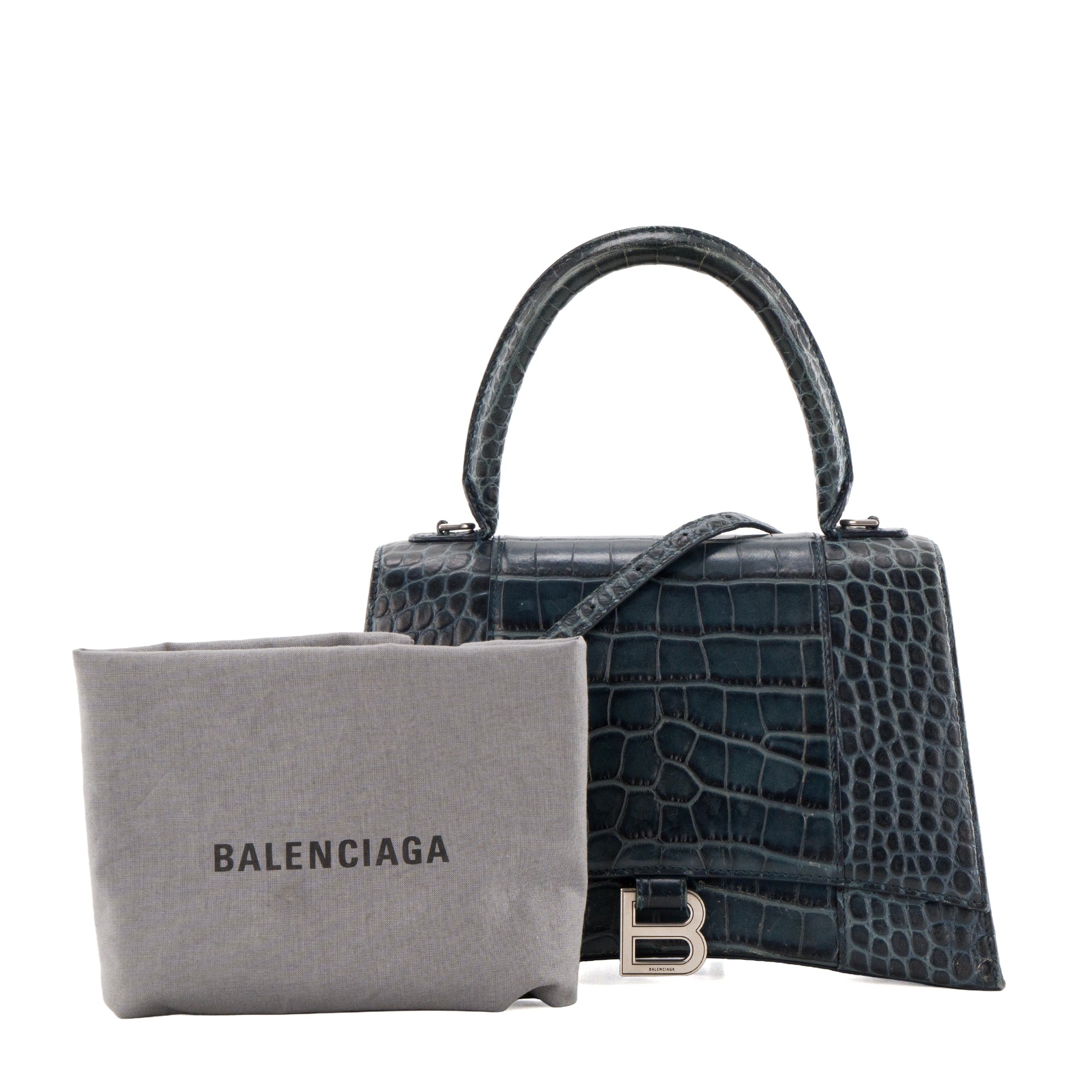 BALENCIAGA - Sac à bandoulière Hourglass Medium Balenciaga en cuir embossé crocodile bleu marine