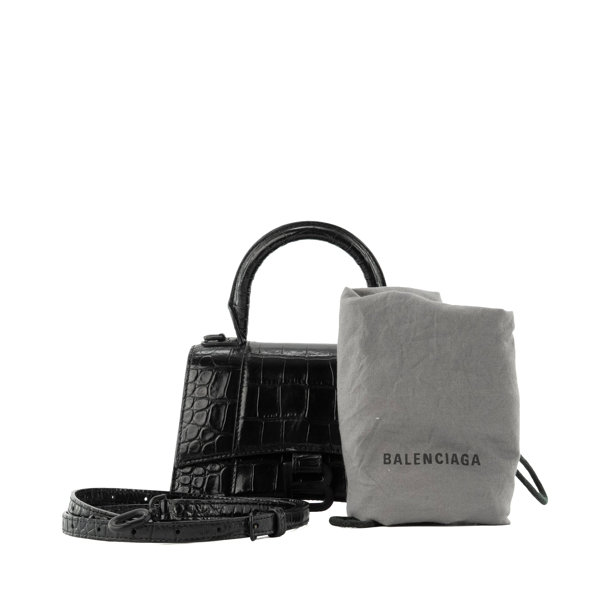 BALENCIAGA - Sac à bandoulière Hourglass XS Balenciaga en cuir embossé croco noir