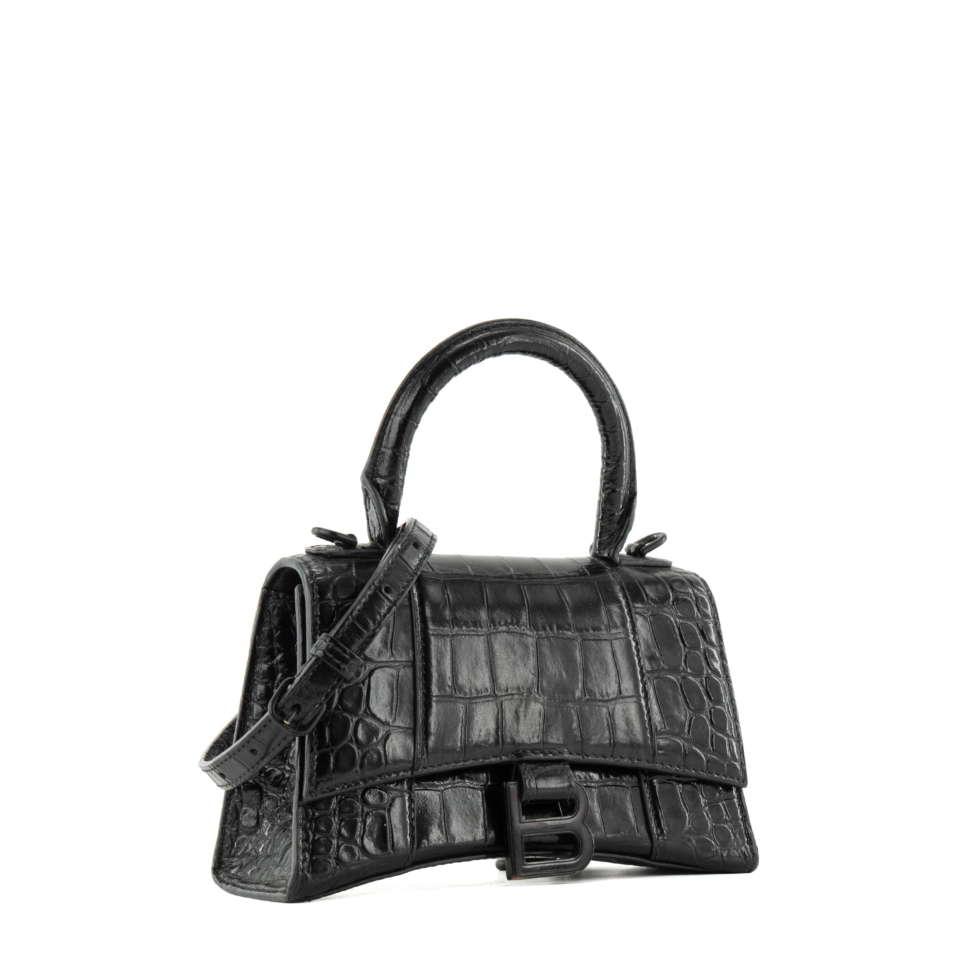 BALENCIAGA - Sac à bandoulière Hourglass XS Balenciaga en cuir embossé croco noir