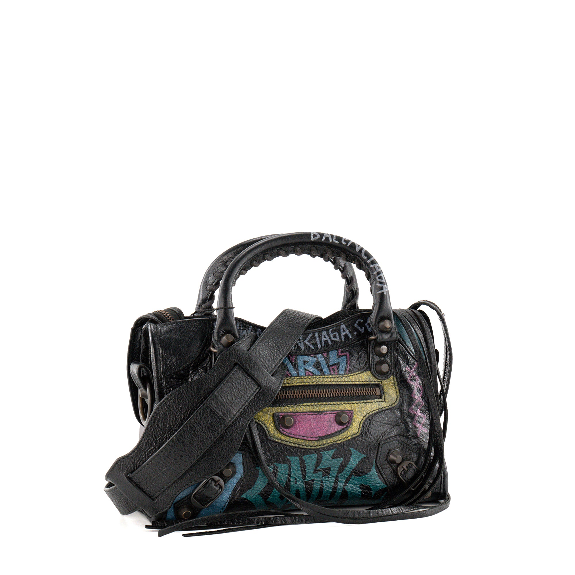 BALENCIAGA - Sac à bandoulière City Graffiti Mini Balenciaga en cuir noir