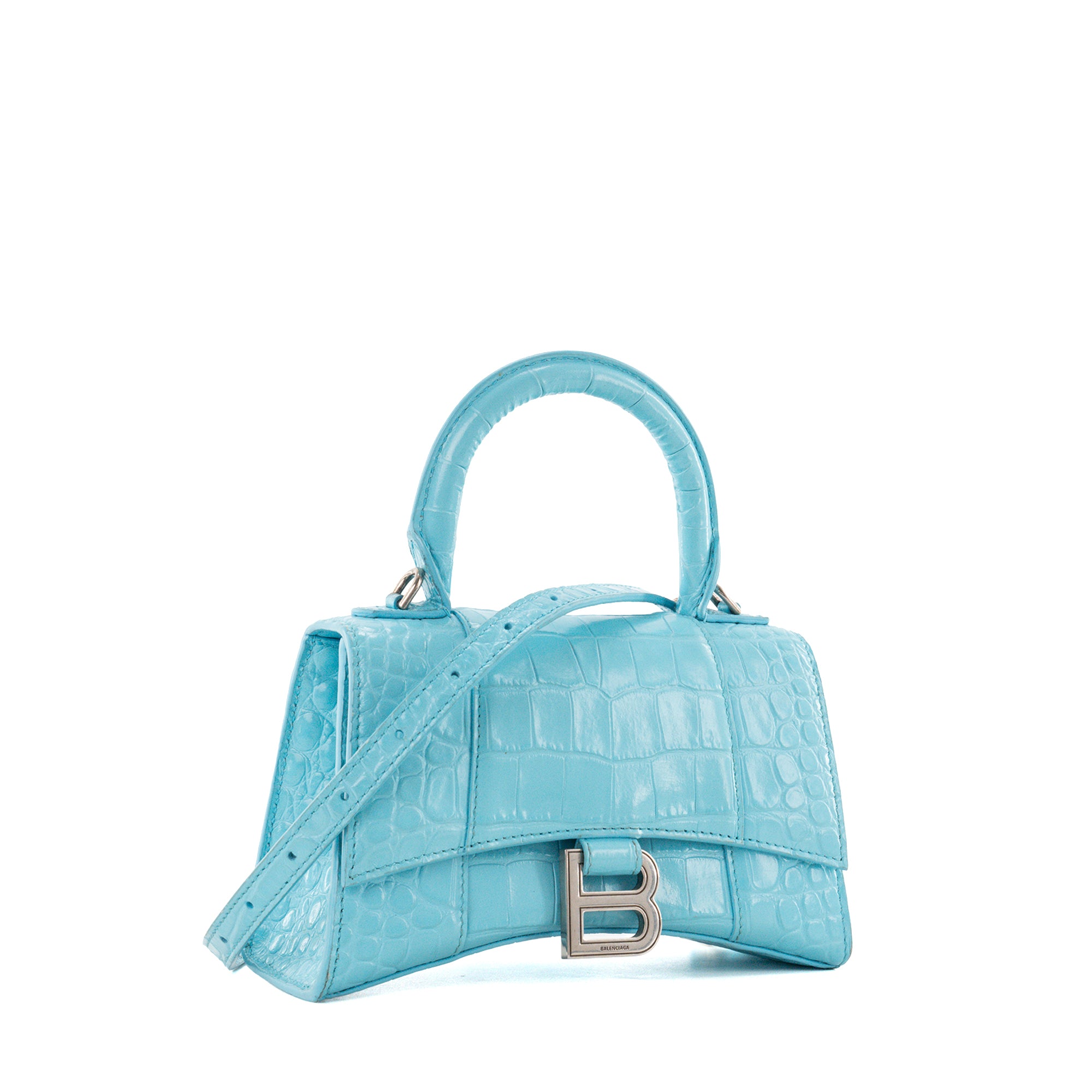 BALENCIAGA - Sac à bandoulière Hourglass XS Balenciaga en cuir embossé bleu turquoise