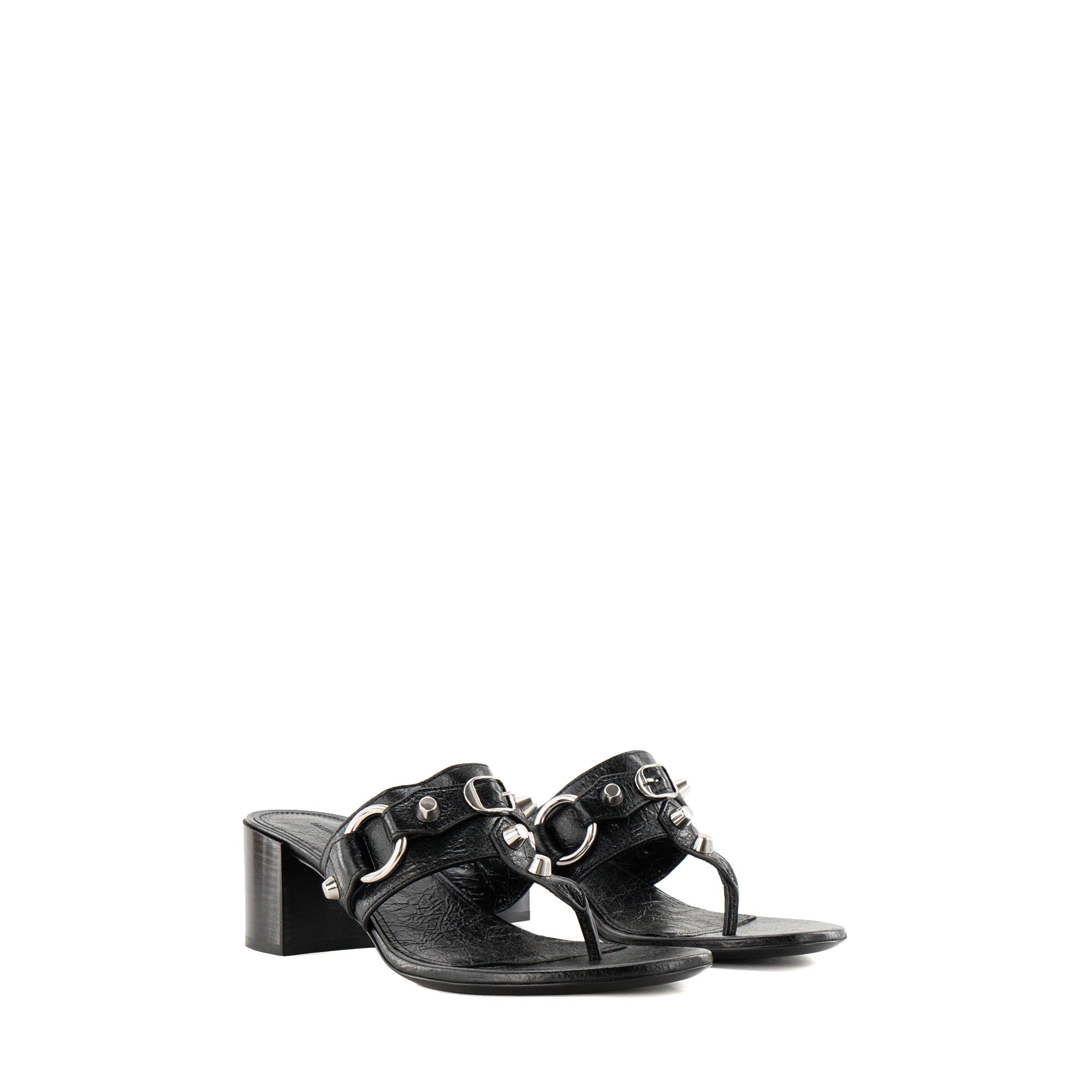 BALENCIAGA - Sandales à talons City Balenciaga en cuir froissé noir et studs argentés (T40)
