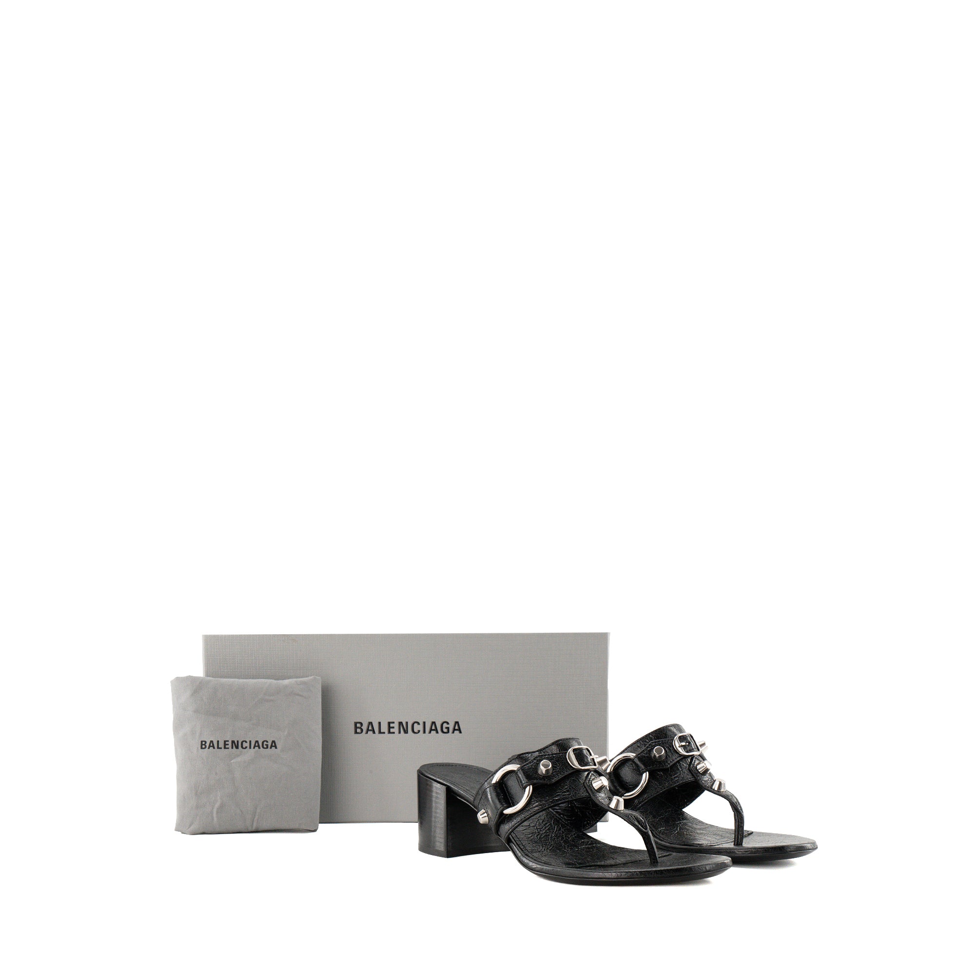 BALENCIAGA - Sandales à talons City Balenciaga en cuir froissé noir et studs argentés (T40)