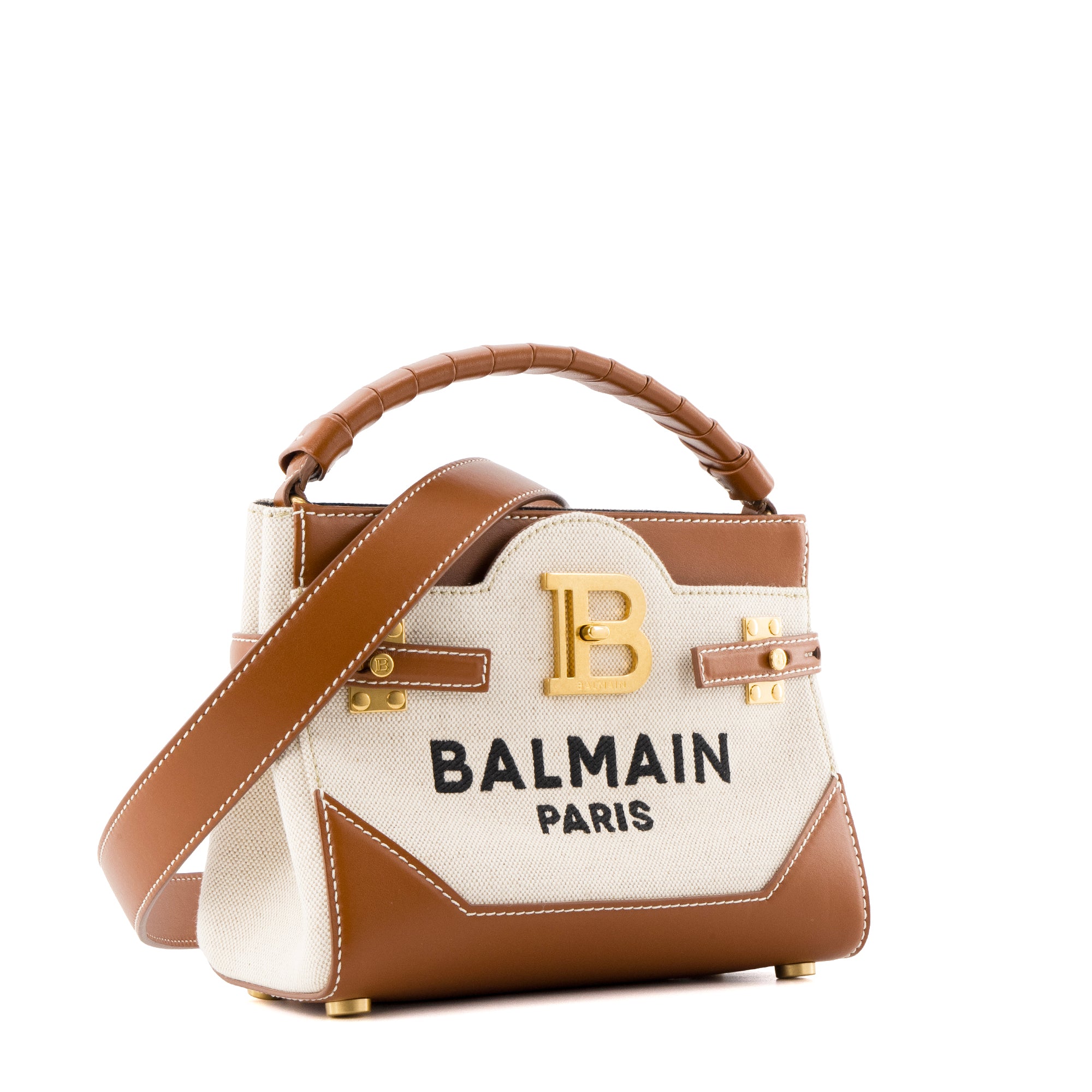 BALMAIN - Sac à bandoulière B-Buzz 22 Balmain en toile beige et cuir marron
