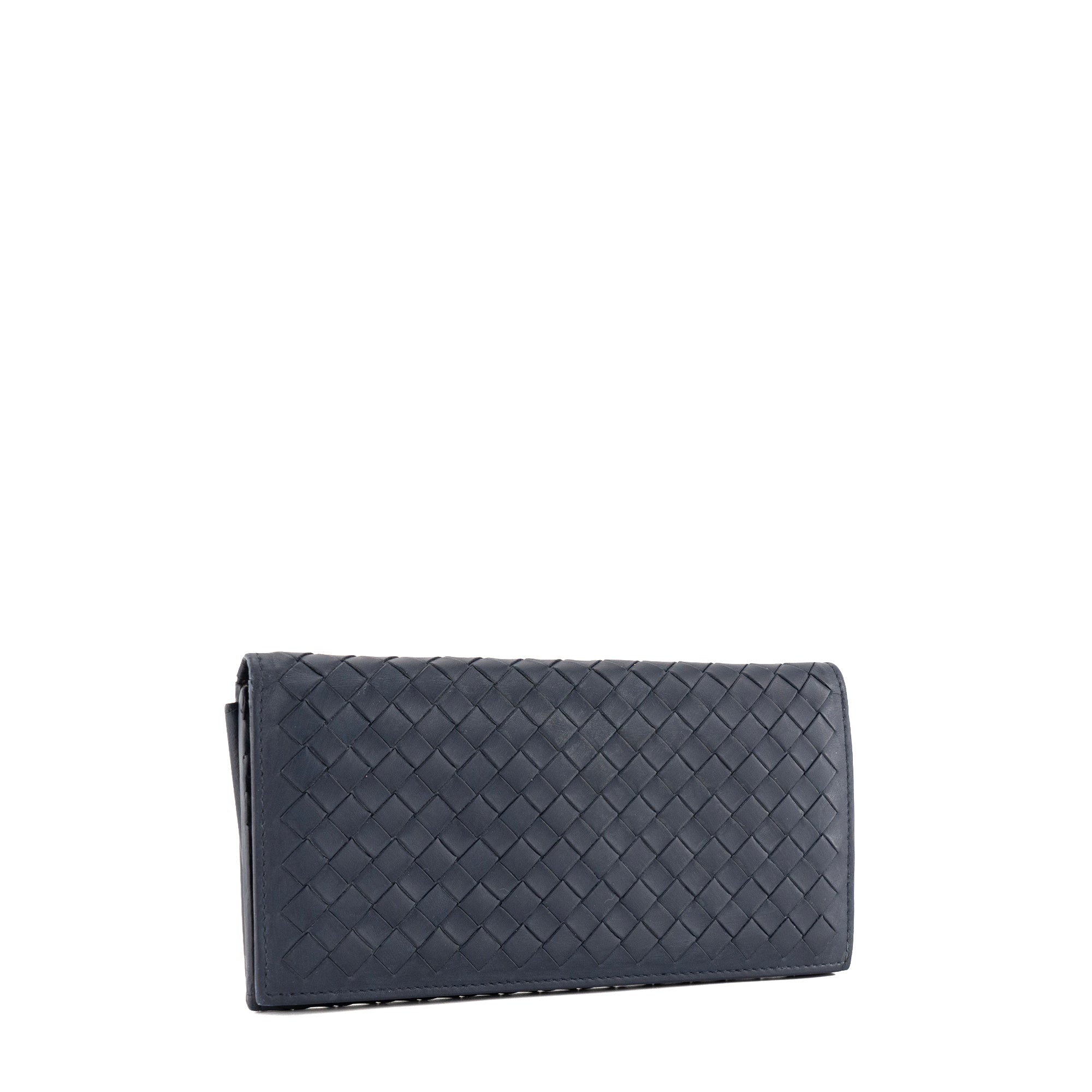 BOTTEGA VENETA - Portefeuille Intrecciato Bottega Veneta en cuir lisse bleu marine