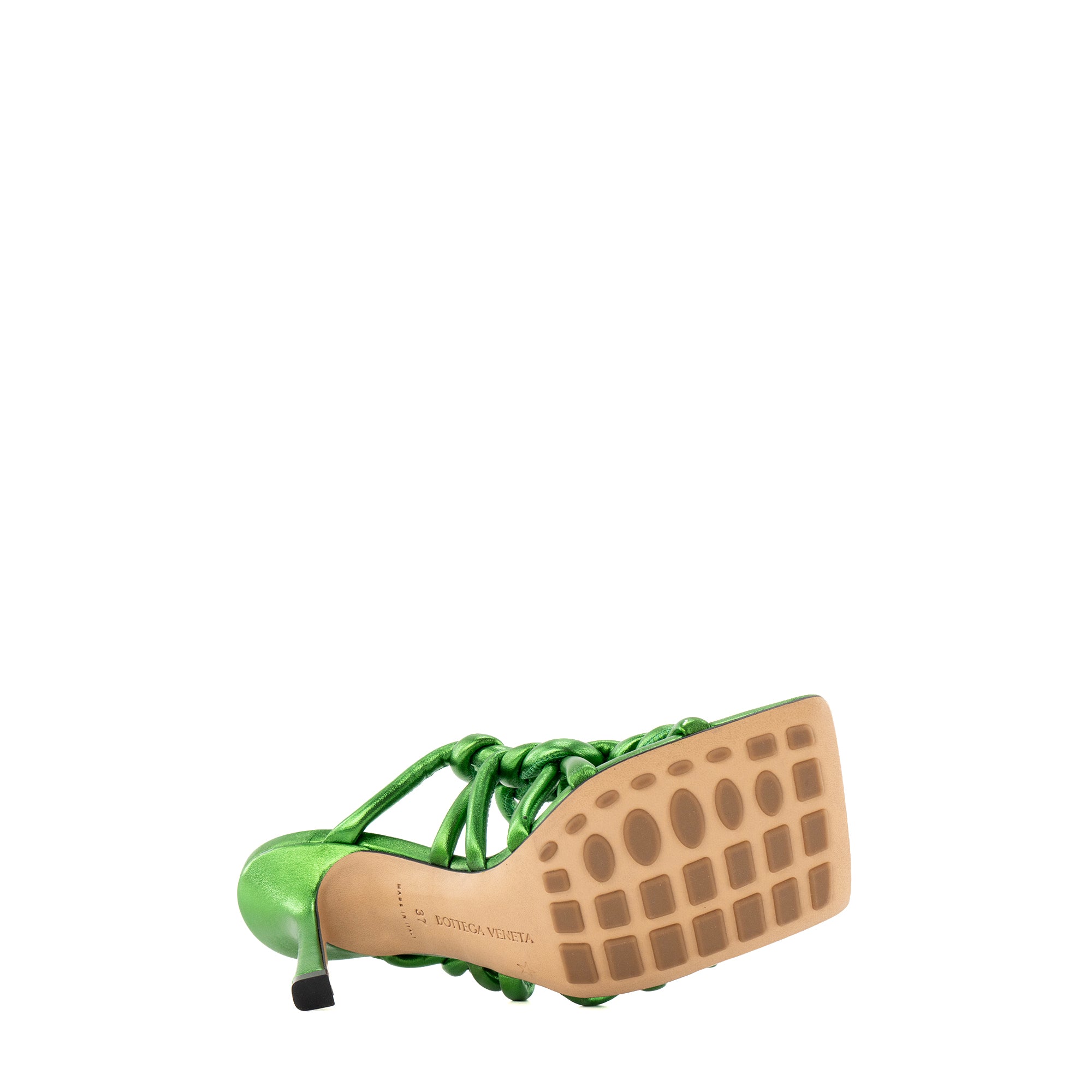 BOTTEGA VENETA - Sandales à talons Stretch Bottega Veneta en cuir métallisé vert (T37)