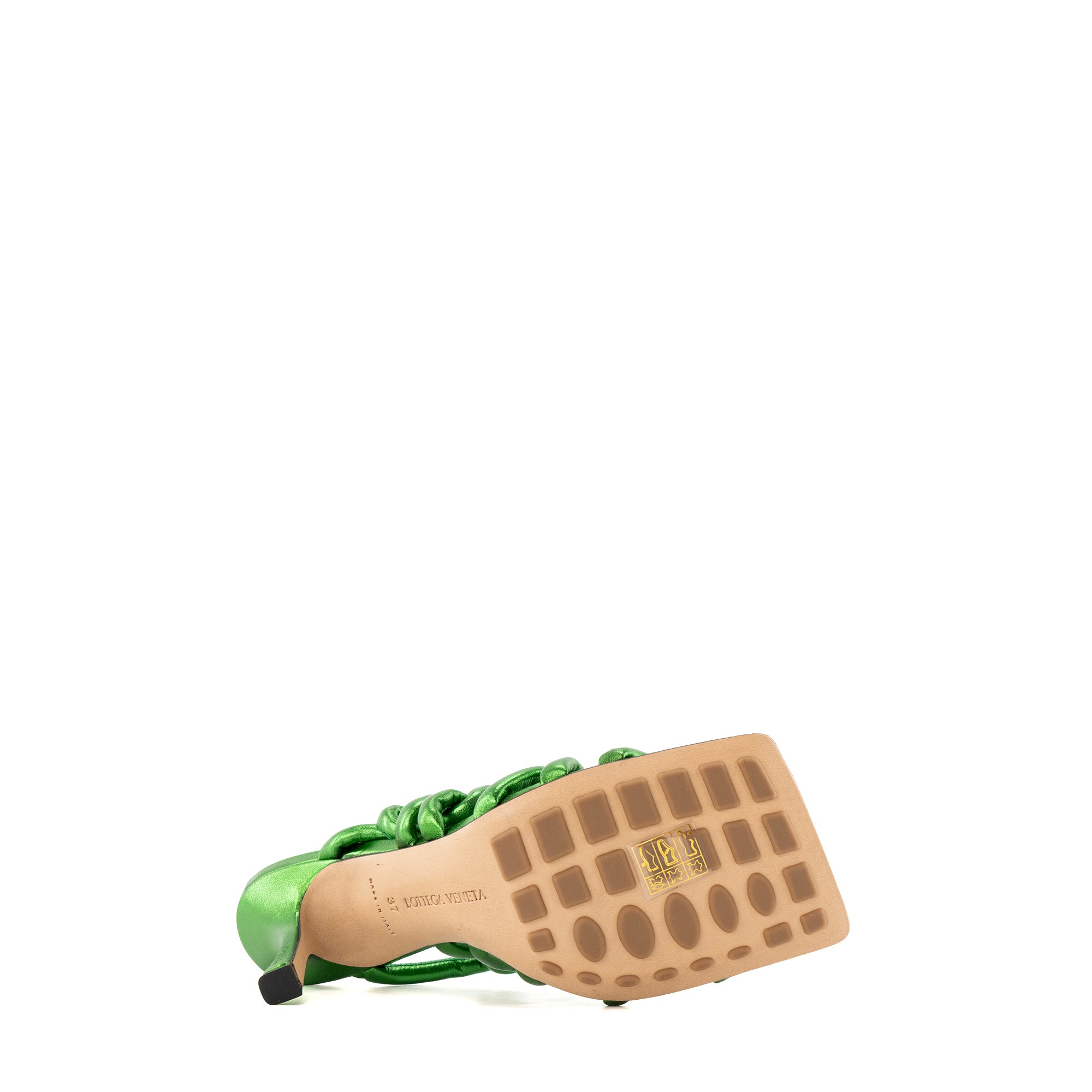 BOTTEGA VENETA - Sandales à talons Stretch Bottega Veneta en cuir métallisé vert (T37)