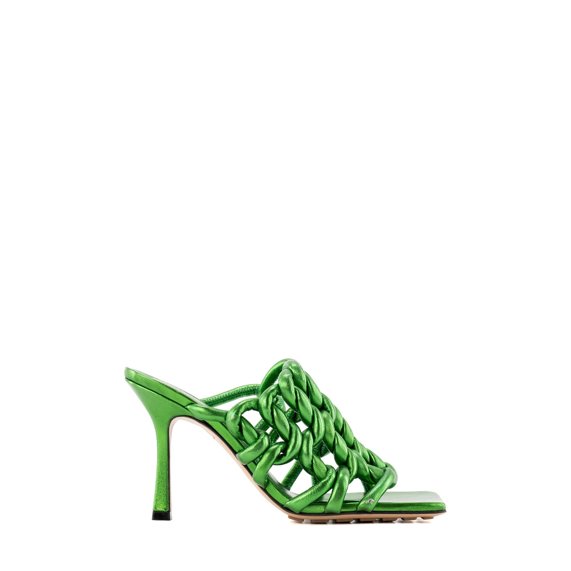 BOTTEGA VENETA - Sandales à talons Stretch Bottega Veneta en cuir métallisé vert (T37)