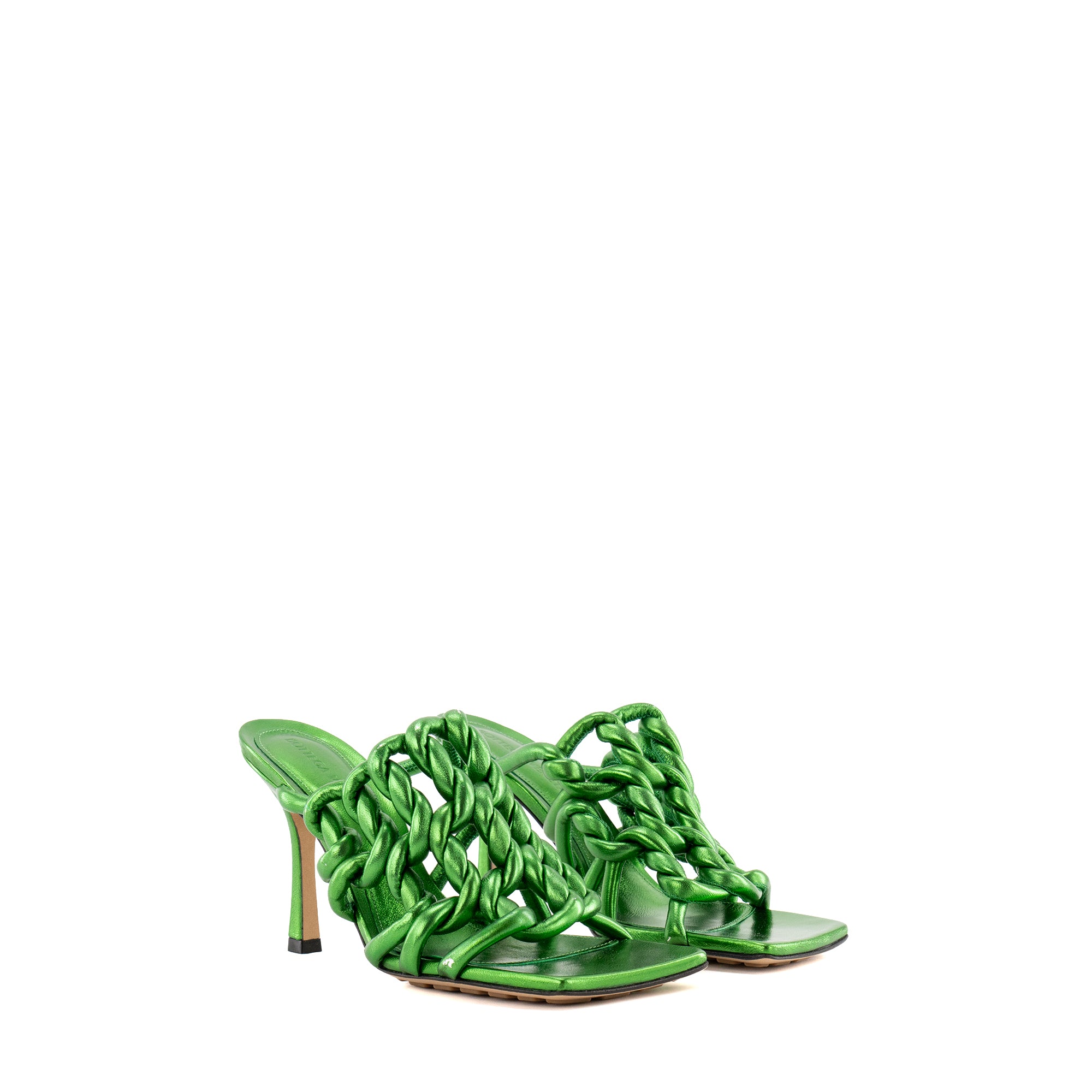BOTTEGA VENETA - Sandales à talons Stretch Bottega Veneta en cuir métallisé vert (T37)