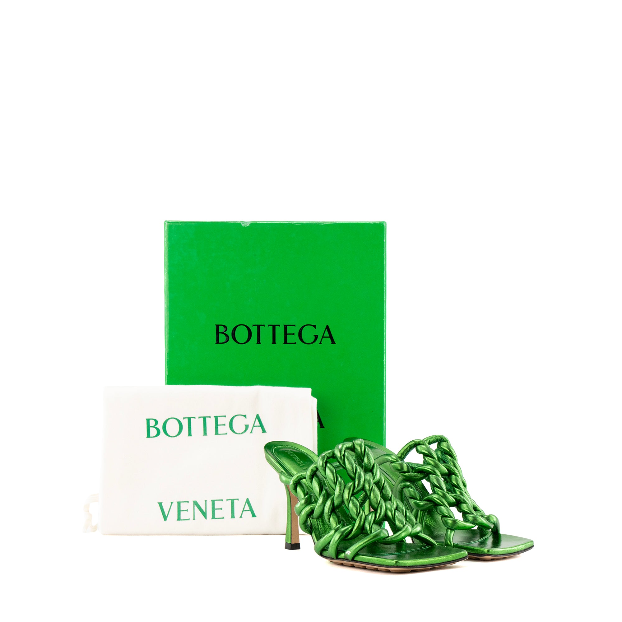 BOTTEGA VENETA - Sandales à talons Stretch Bottega Veneta en cuir métallisé vert (T37)