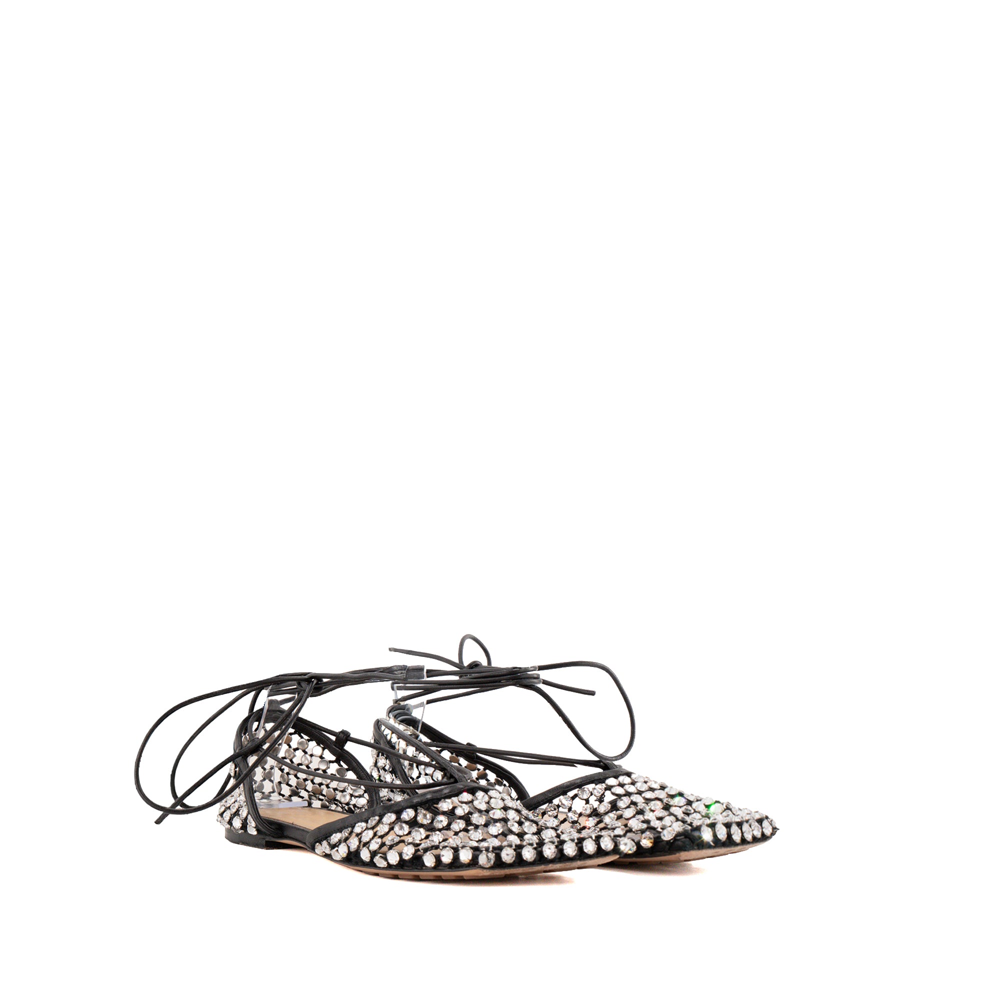BOTTEGA VENETA - Sandales plates Mesh Nappa Bottega Veneta en strass et cuir noir (T37)