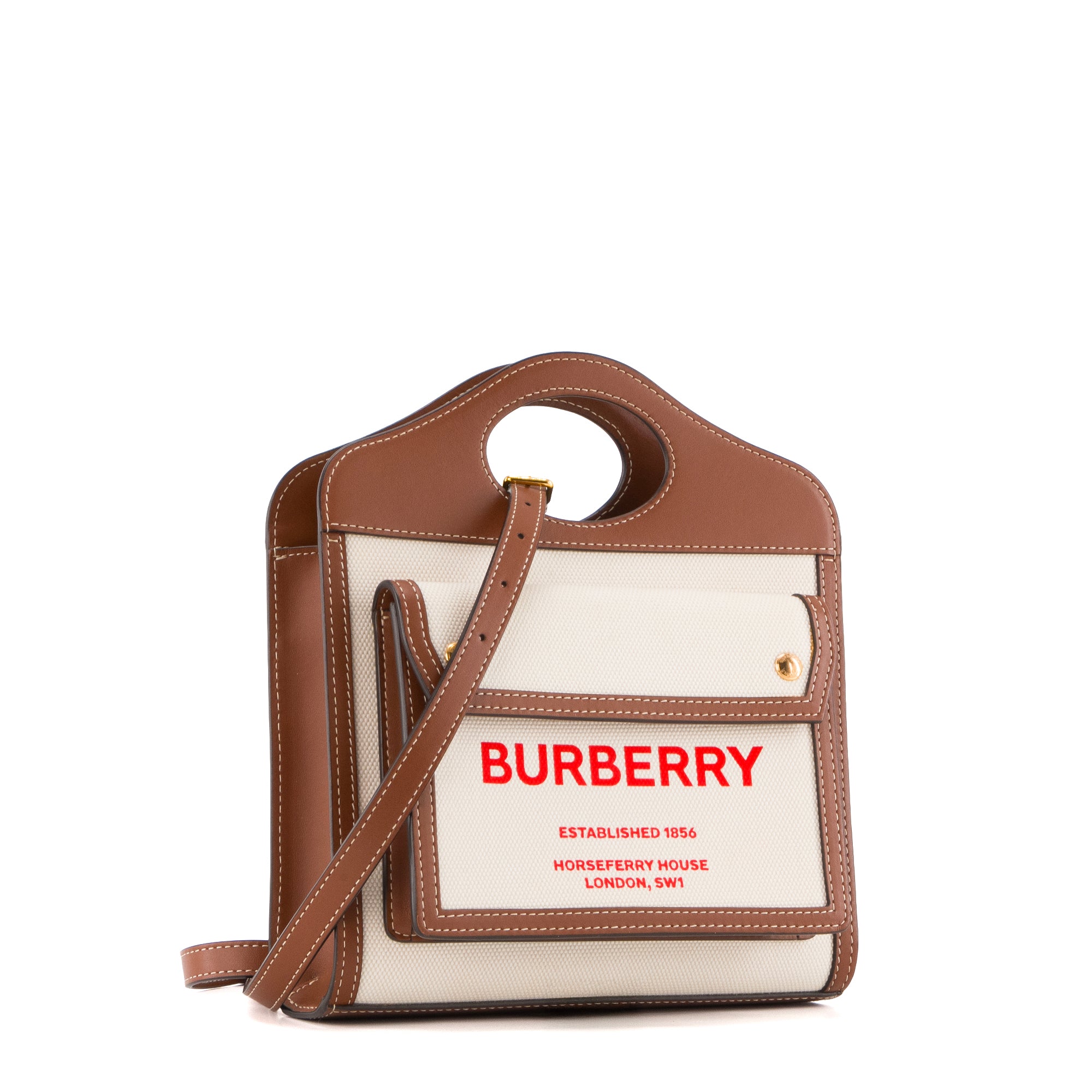 BURBERRY - Sac à bandoulière Pocket Burberry en cuir tan et toile beige