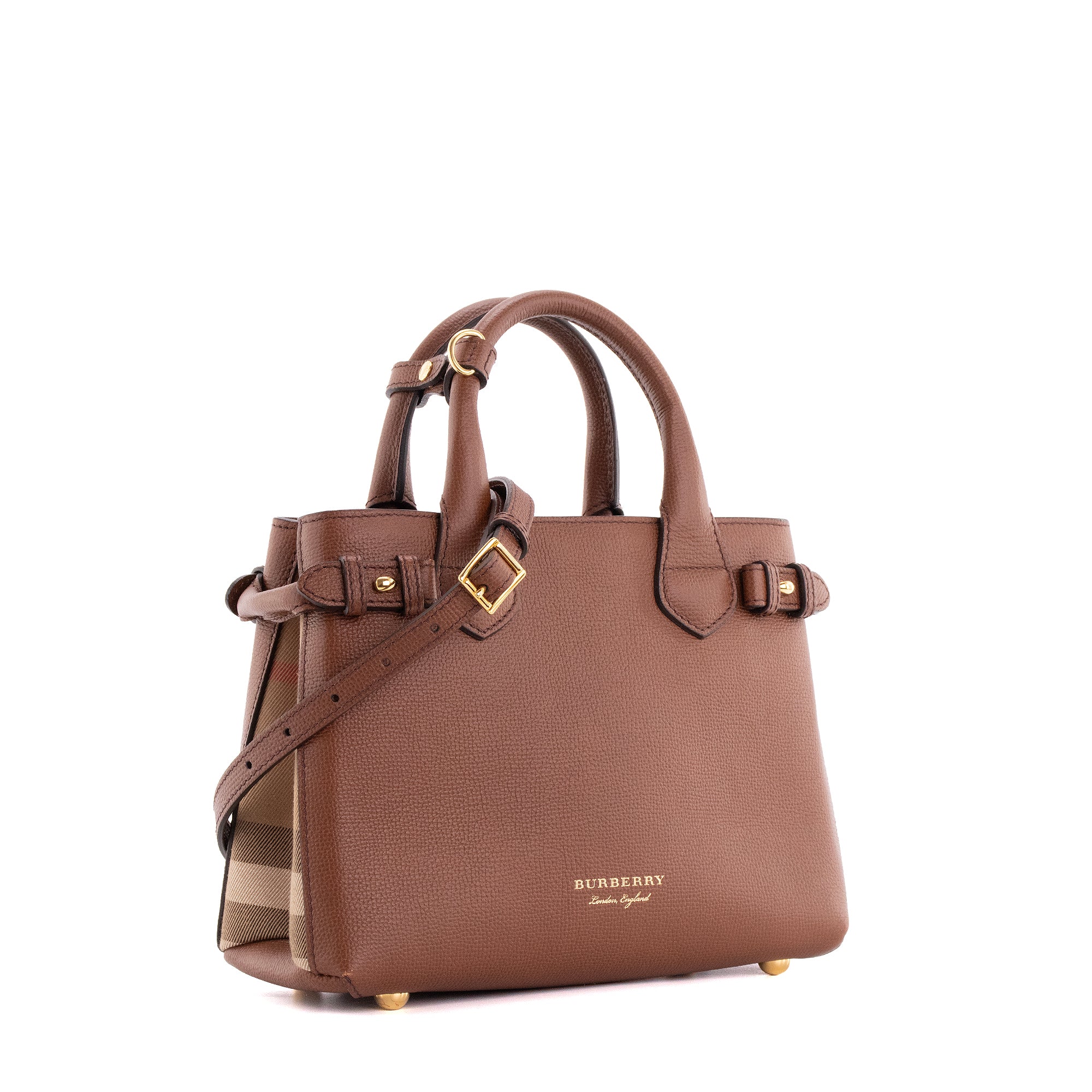 BURBERRY - Sac à main Banner small Burberry en cuir grainé marron et toile tartan
