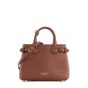 BURBERRY - Sac à main Banner small Burberry en cuir grainé marron et toile tartan