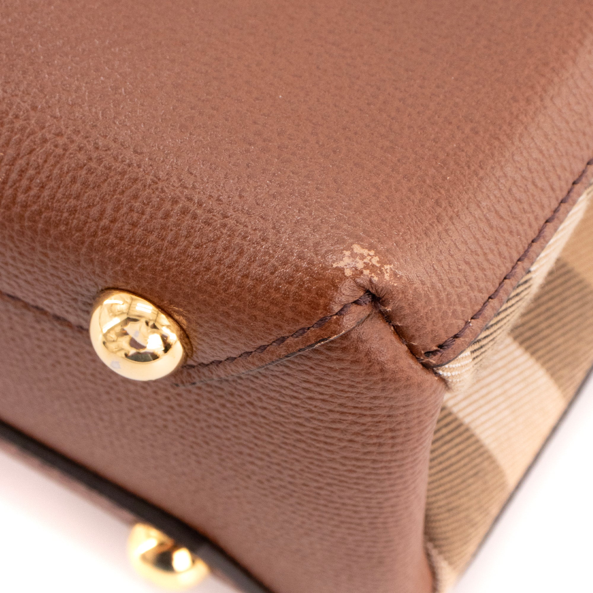 BURBERRY - Sac à main Banner small Burberry en cuir grainé marron et toile tartan
