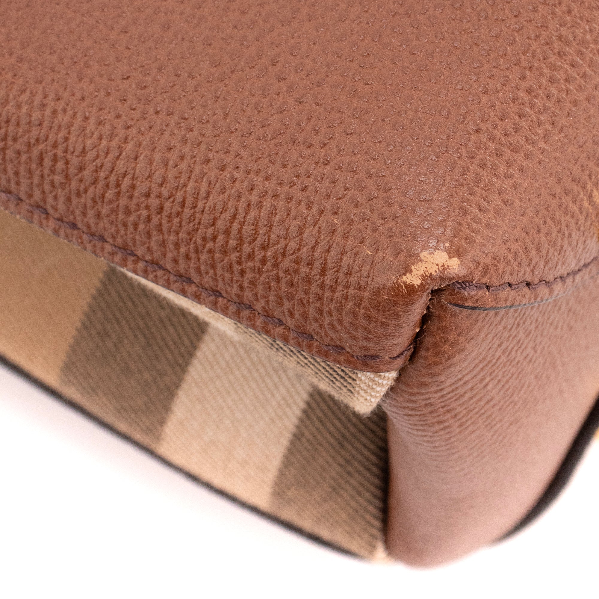 BURBERRY - Sac à main Banner small Burberry en cuir grainé marron et toile tartan