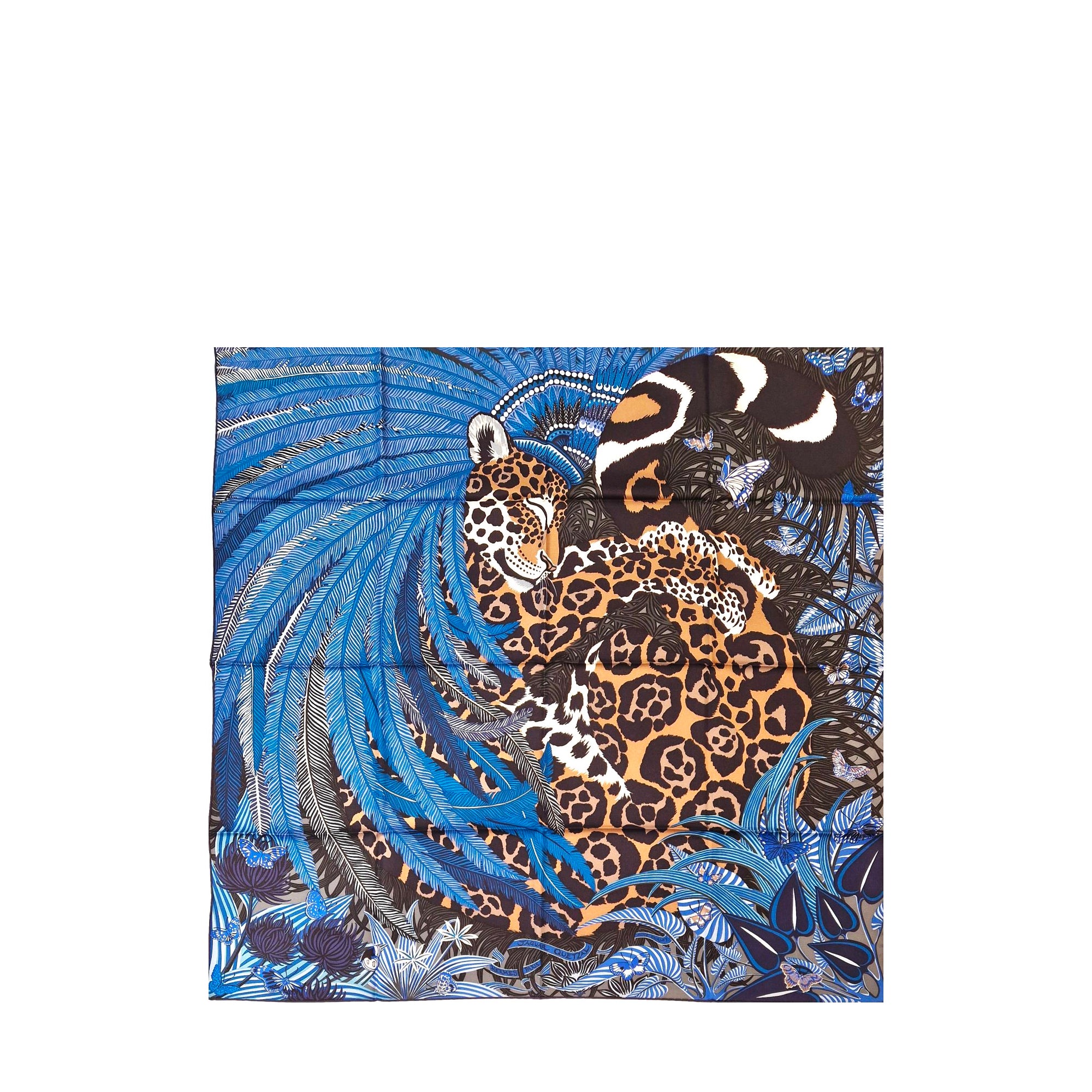 HERMÈS - Carré 90 Jaguars Quetal Hermès en soie bleu marine