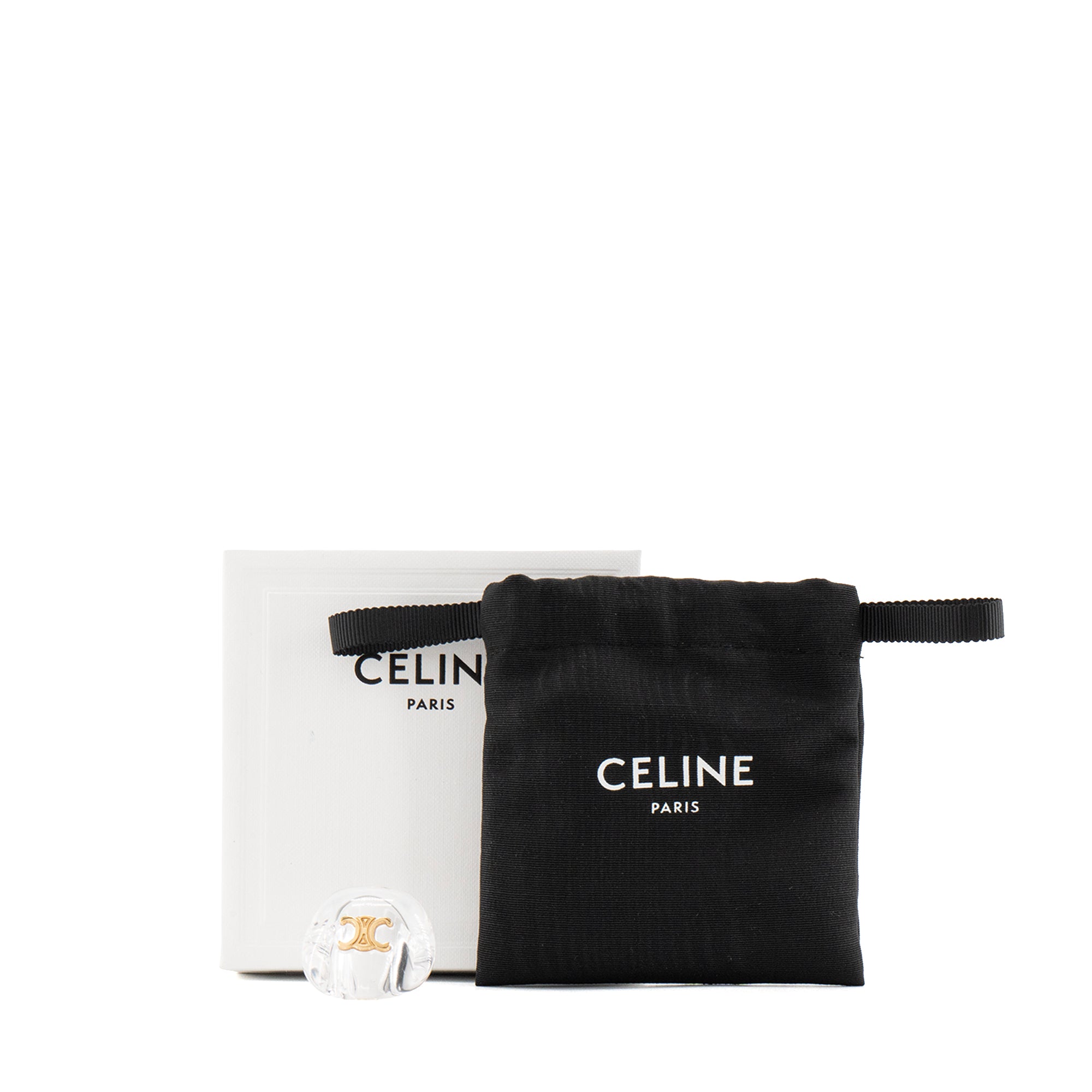 CELINE - Bague Triomphe Celine en plexiglass transparent et laiton doré (T50)