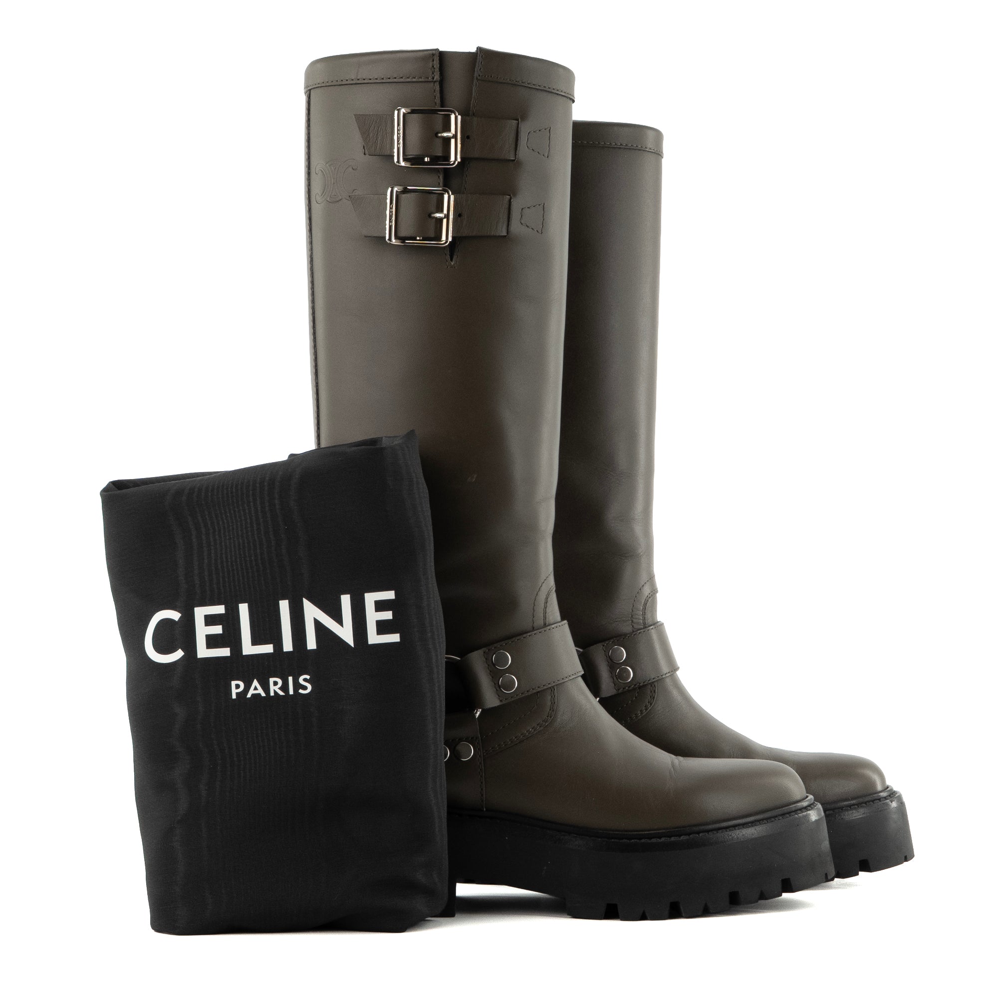 CELINE - Bottes Biker High Celine en cuir kaki (T38)