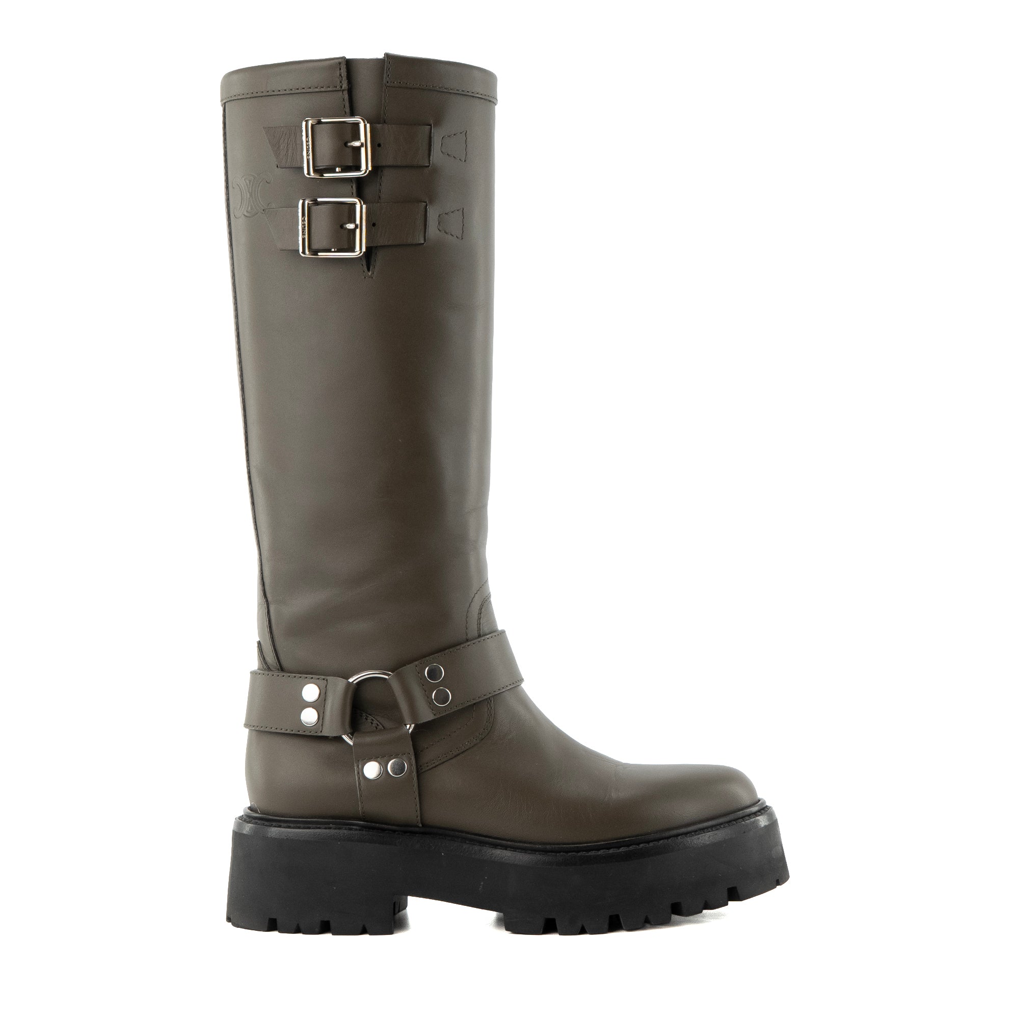 CELINE - Bottes Biker High Celine en cuir kaki (T38)