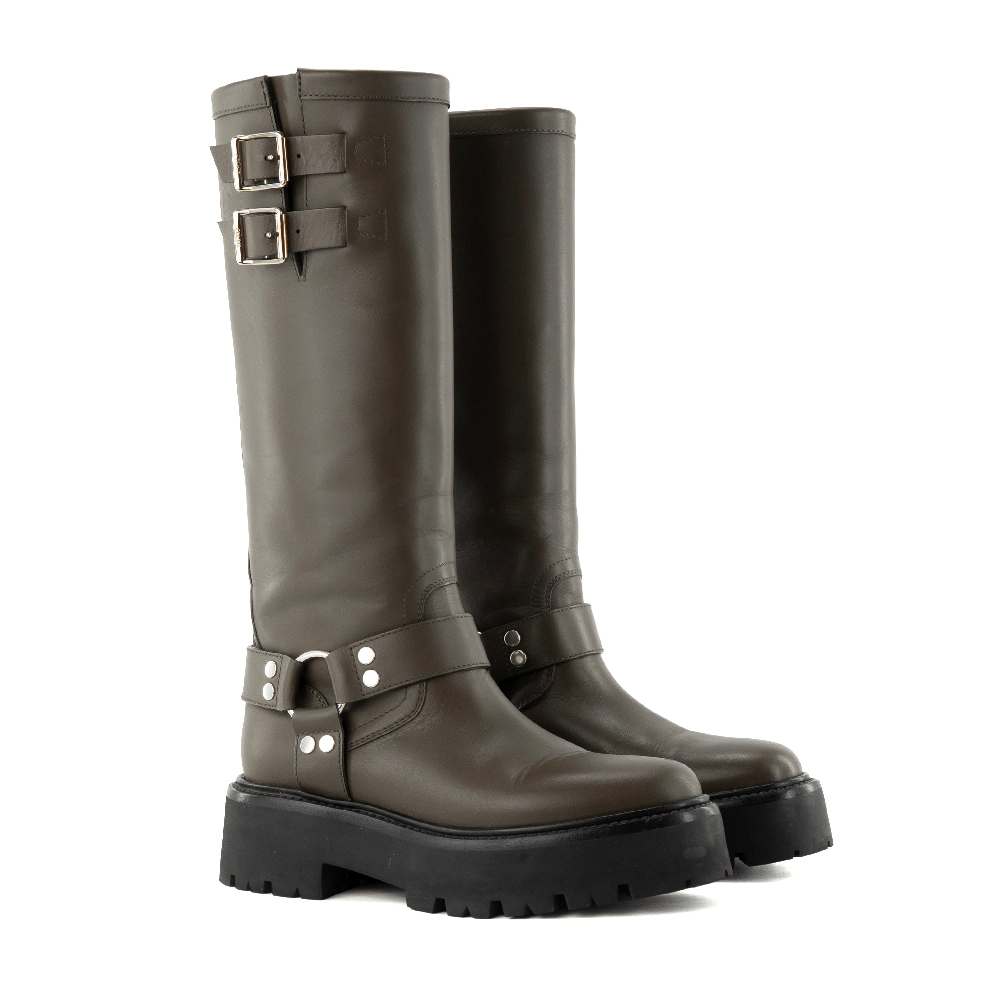 CELINE - Bottes Biker High Celine en cuir kaki (T38)