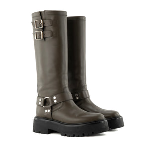 CELINE - Bottes Biker High Celine en cuir kaki (T38)