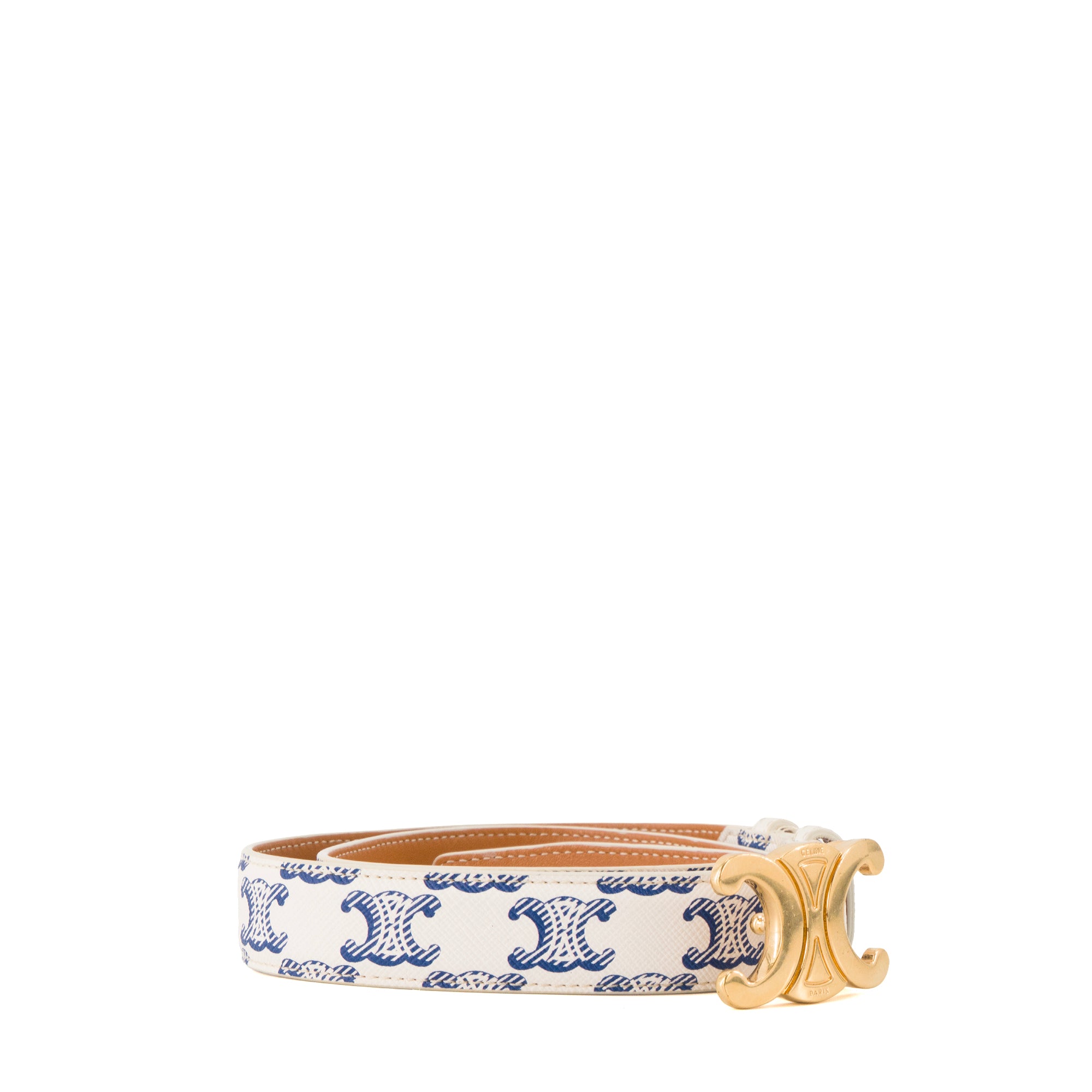 CELINE - Ceinture Triomphe Celine en toile monogrammée blanche et bleue (T70)