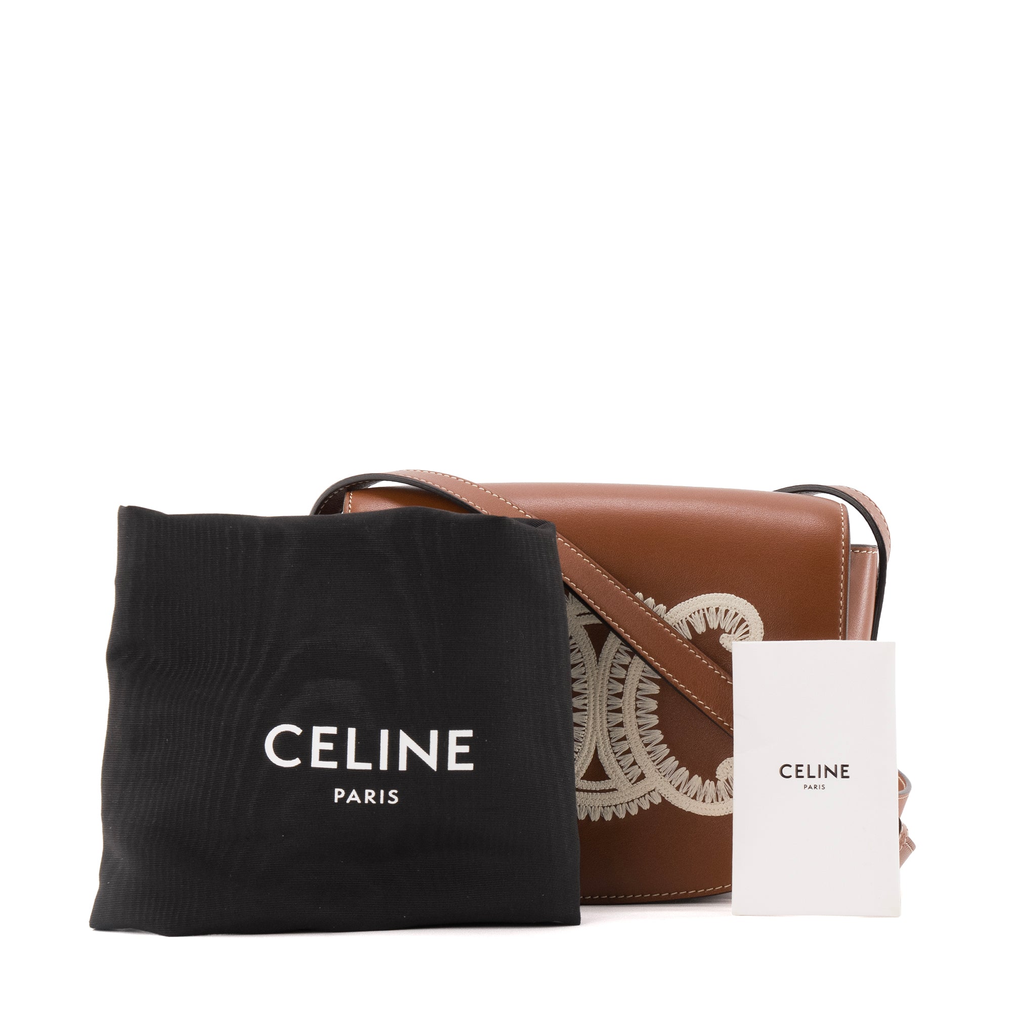 CELINE - Sac à bandoulière Folco Celine en cuir tan et broderie blanche