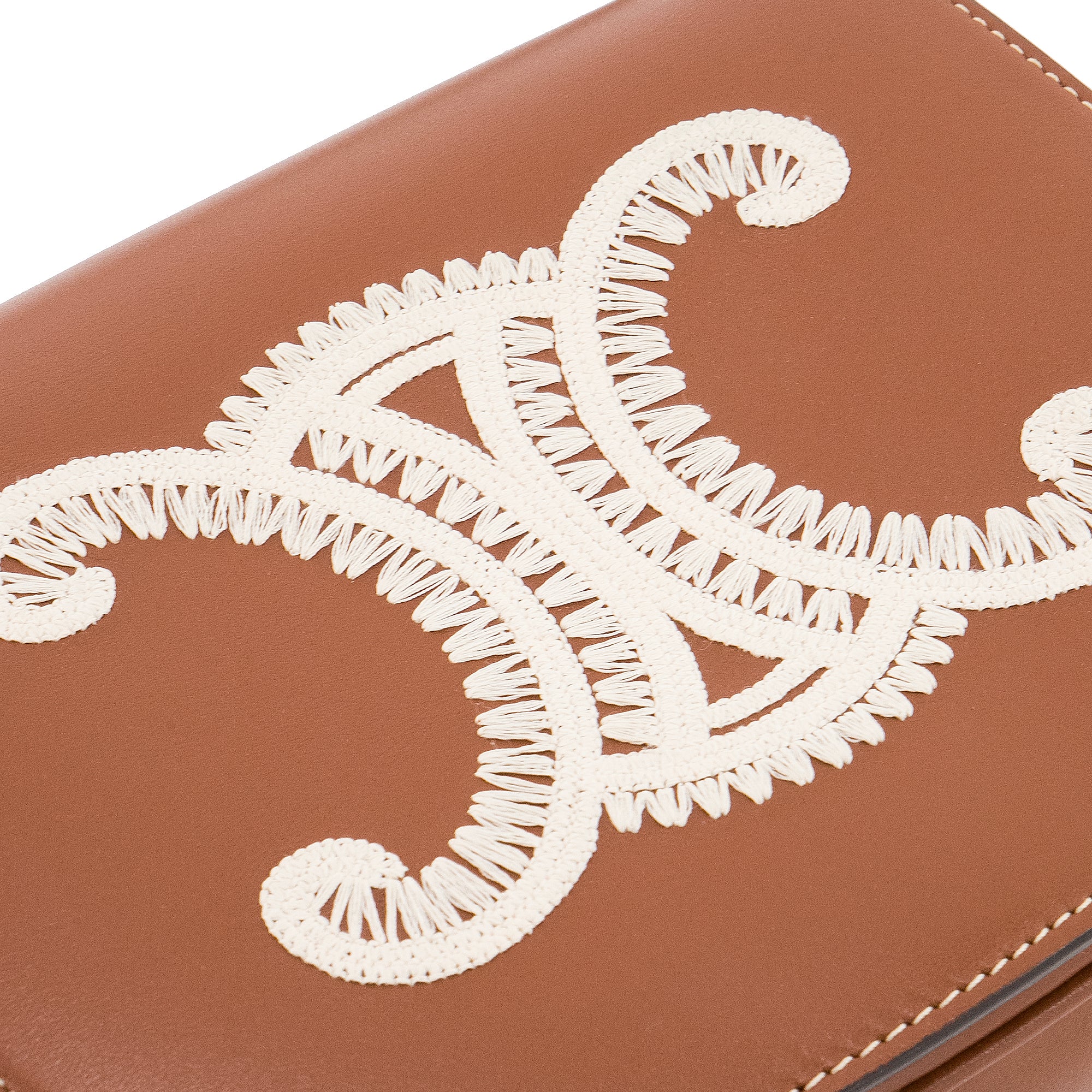 CELINE - Sac à bandoulière Folco Celine en cuir tan et broderie blanche