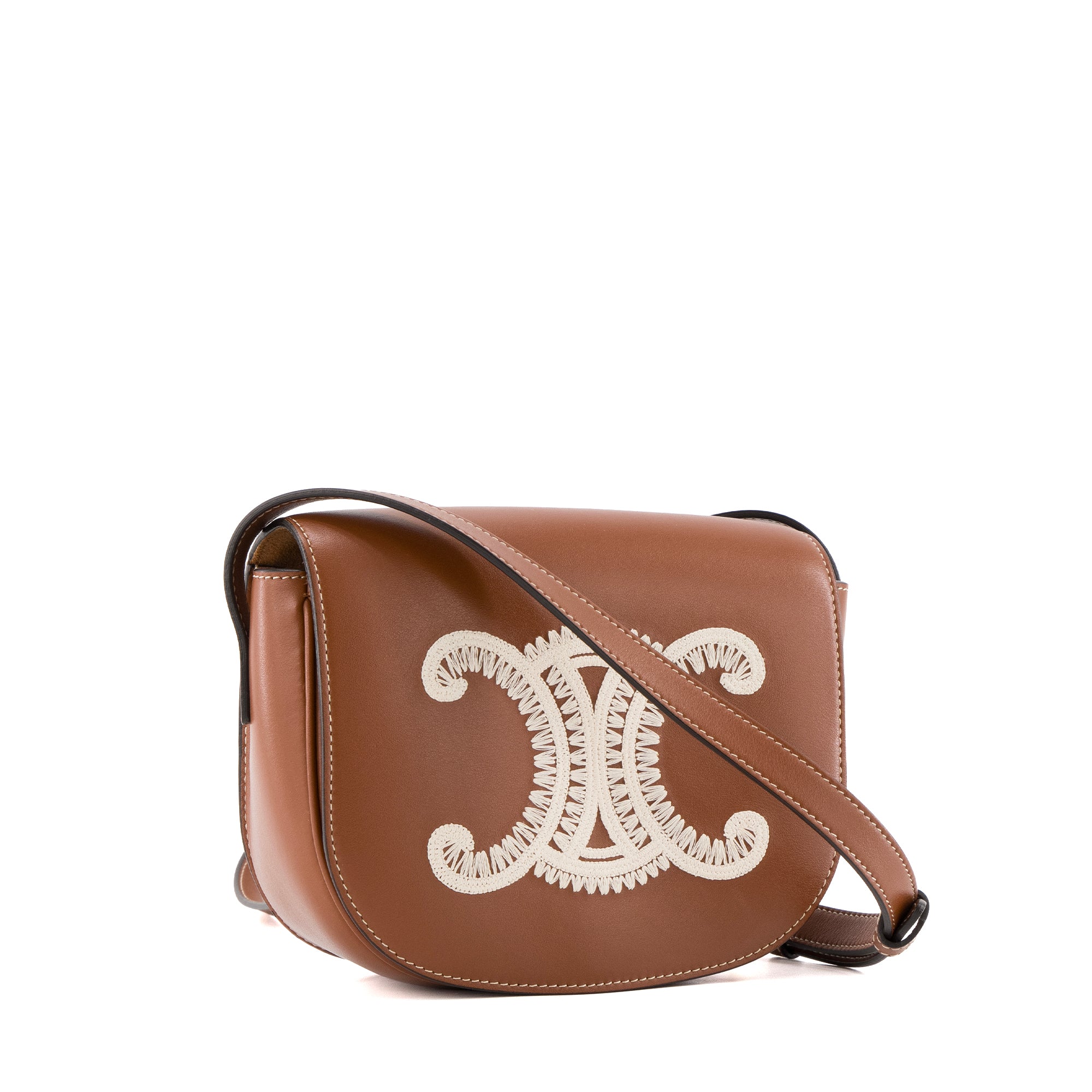 CELINE - Sac à bandoulière Folco Celine en cuir tan et broderie blanche