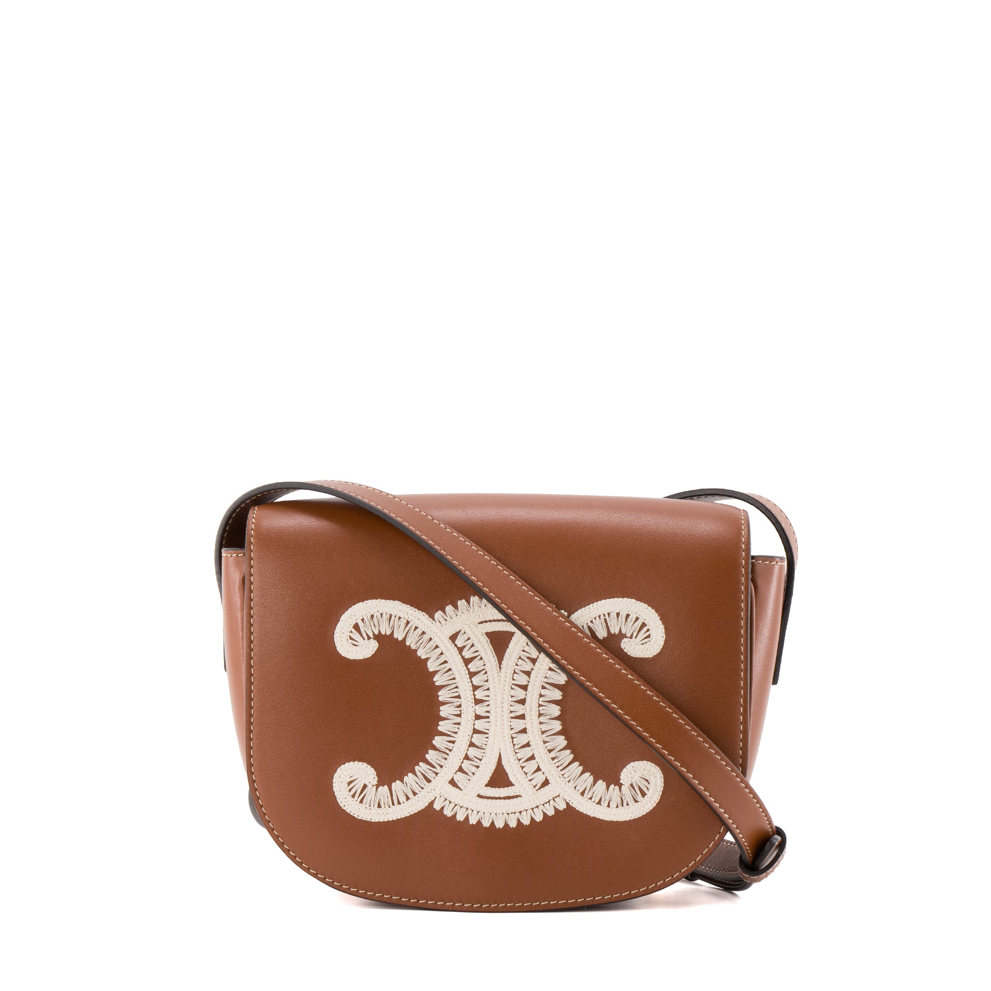 CELINE - Sac à bandoulière Folco Celine en cuir tan et broderie blanche