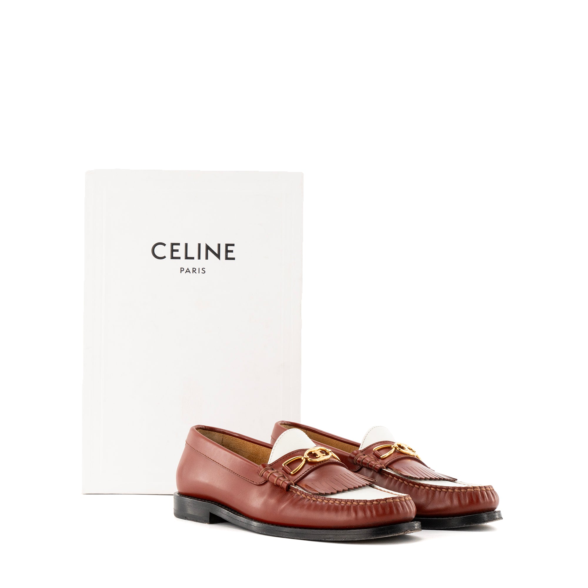 CELINE - Mocassins Triomphe Celine en cuir lisse marron et blanc (T35)