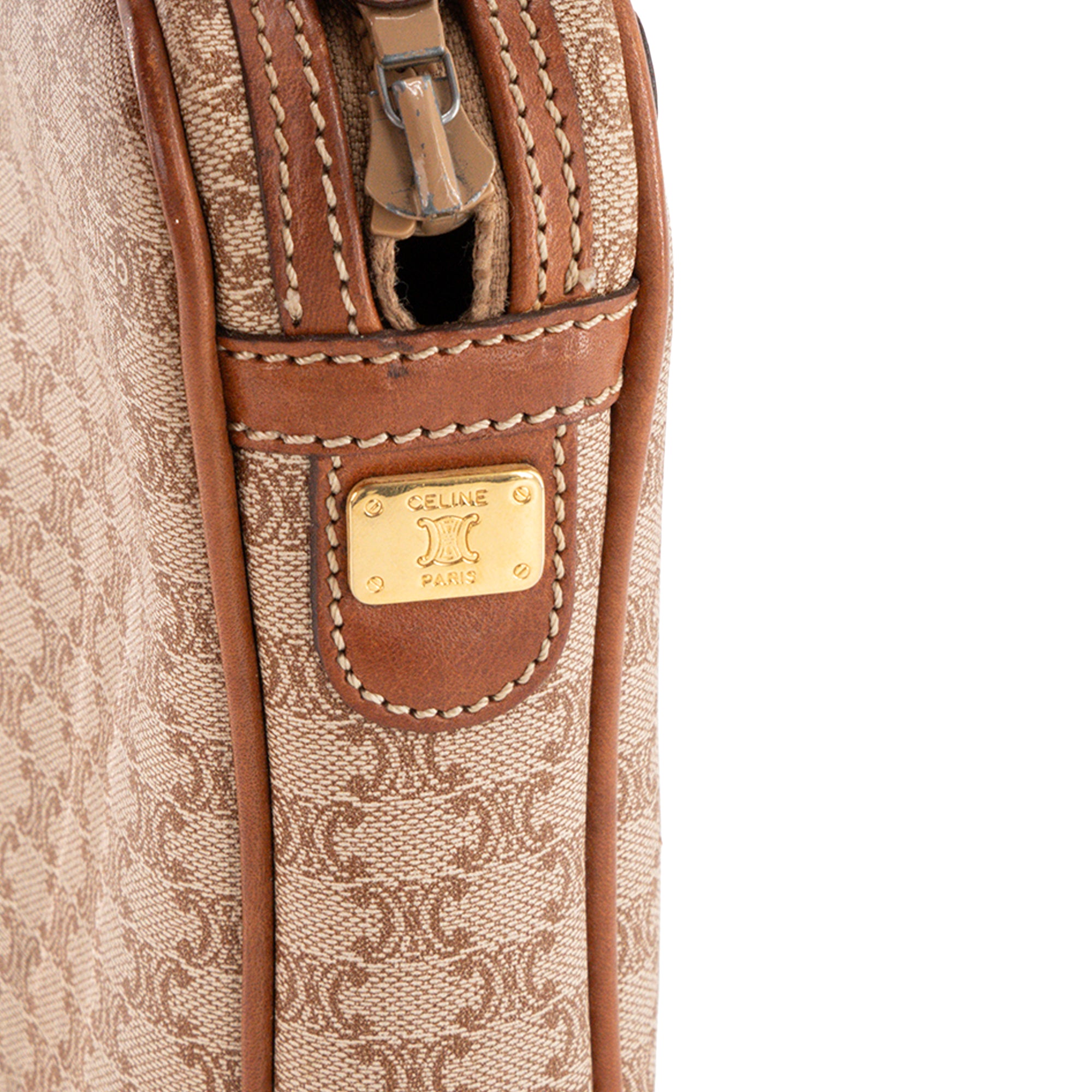 CELINE - Pochette Celine en toile enduite macadam beige et cuir marron vintage