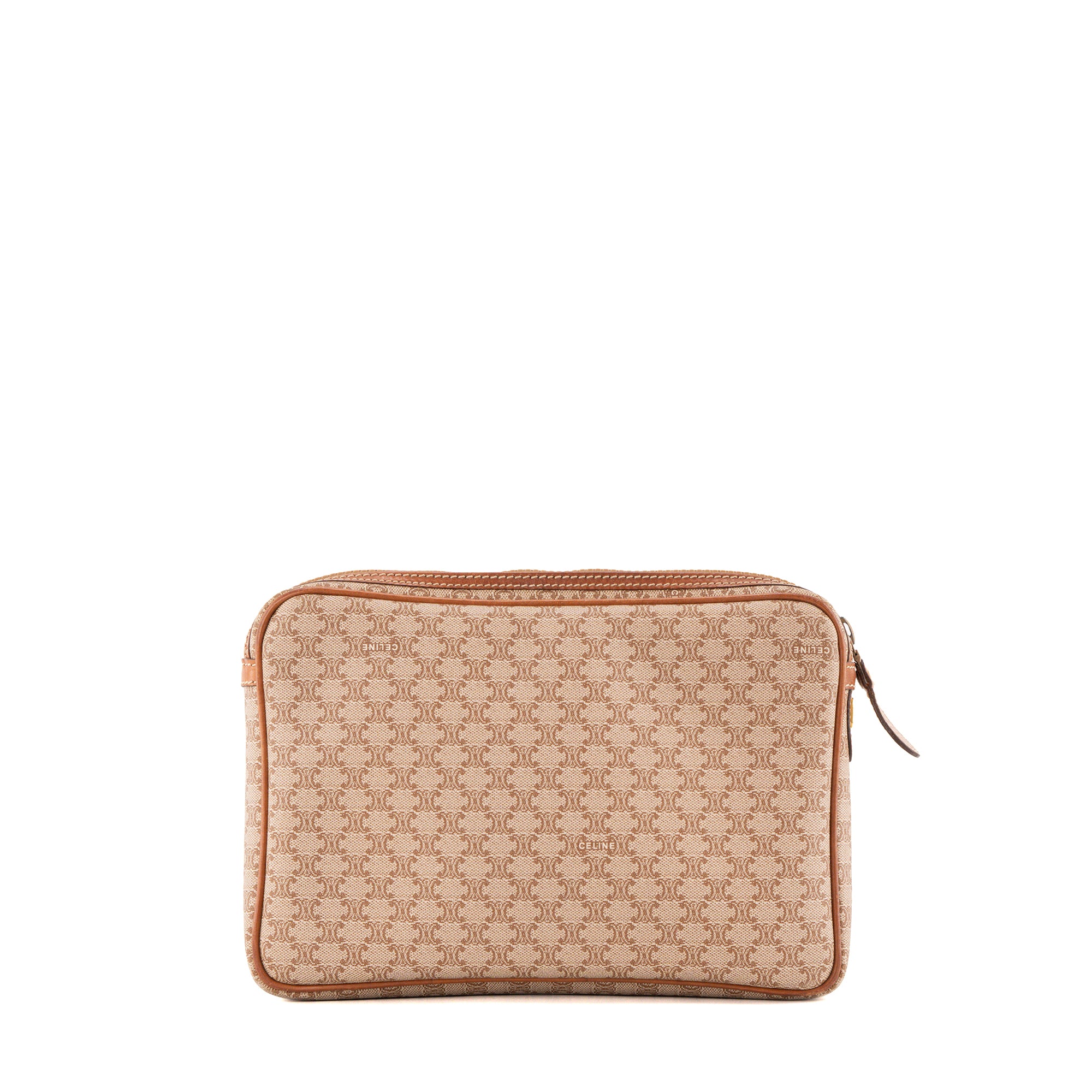 CELINE - Pochette Celine en toile enduite macadam beige et cuir marron vintage
