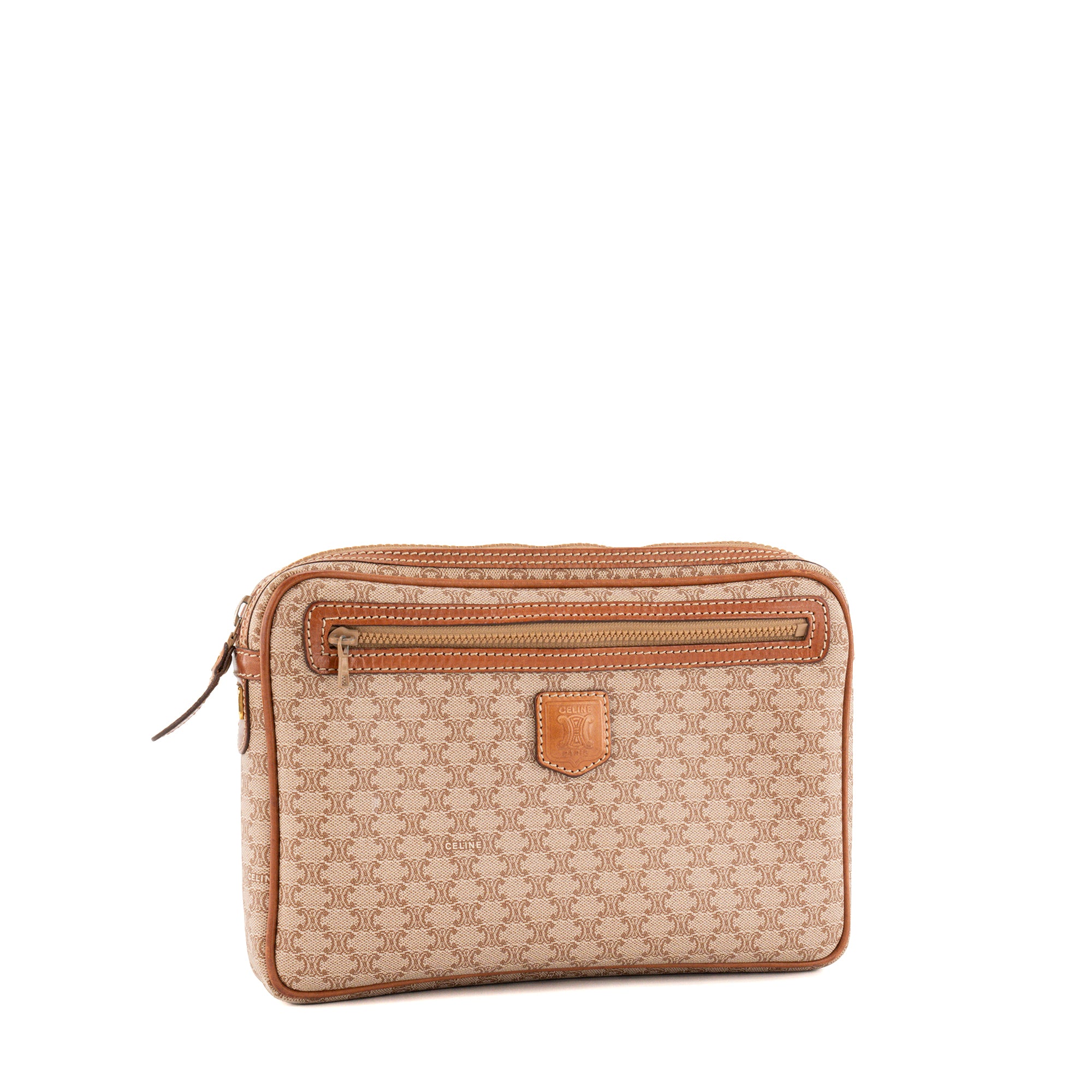 CELINE - Pochette Celine en toile enduite macadam beige et cuir marron vintage
