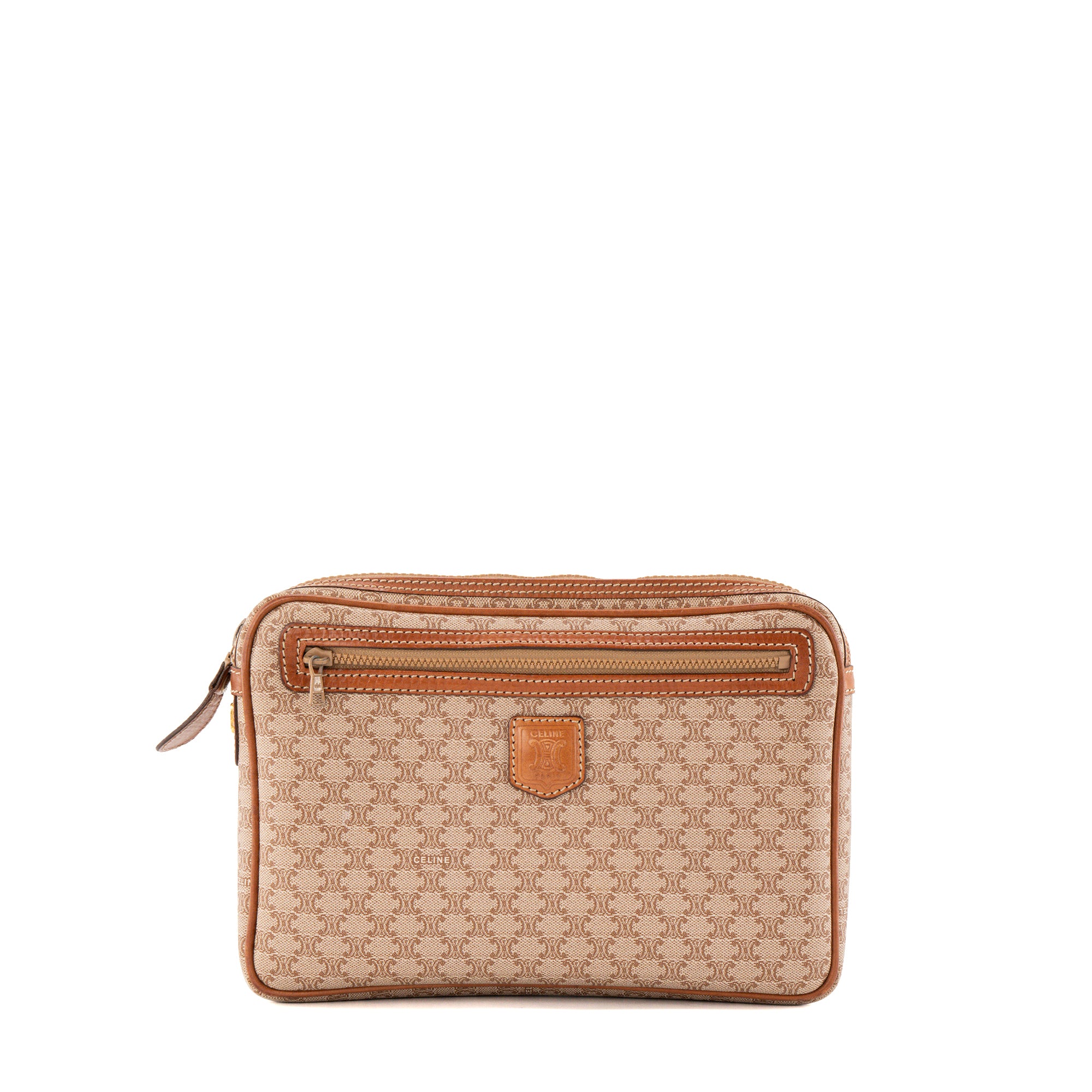 CELINE - Pochette Celine en toile enduite macadam beige et cuir marron vintage