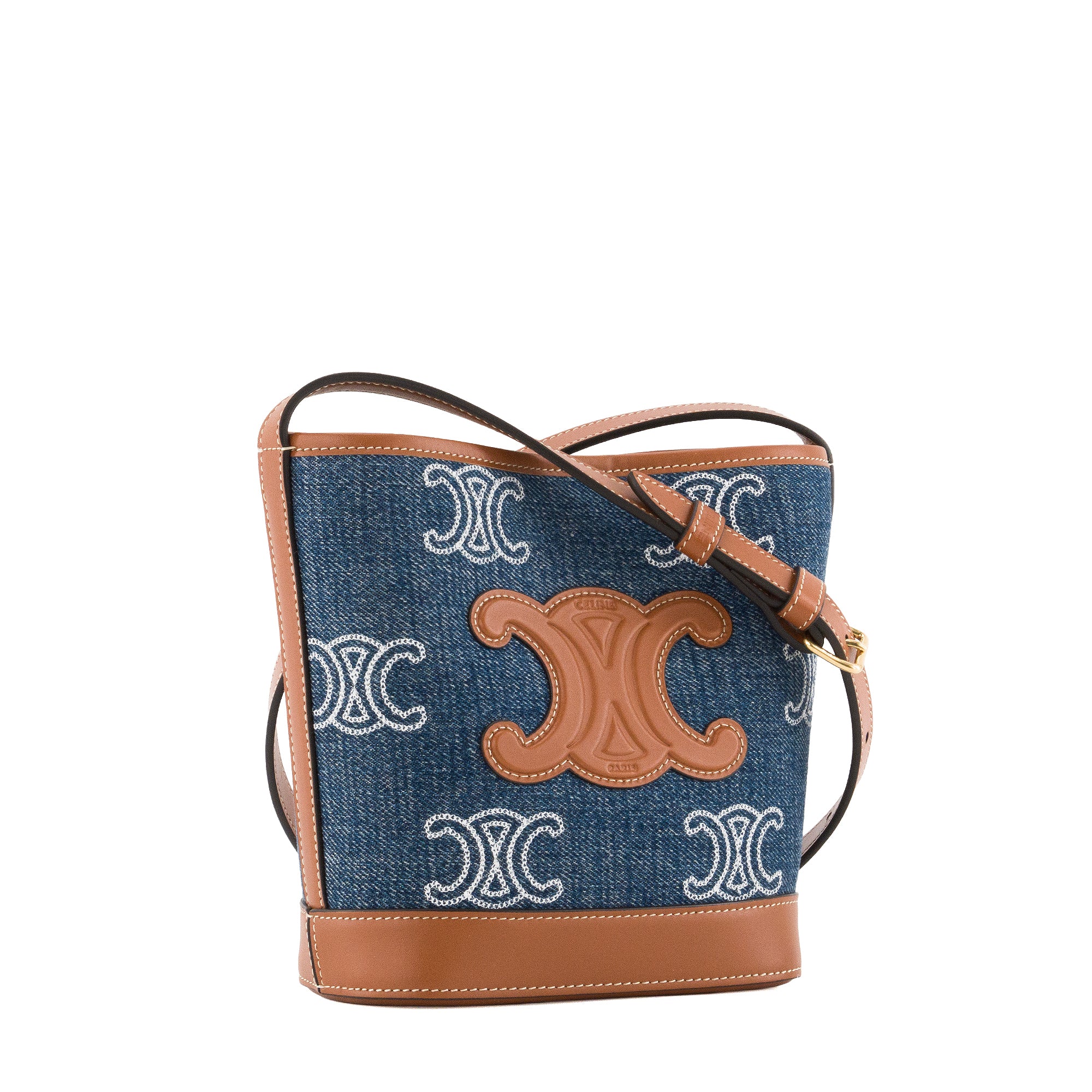 CELINE - Sac à bandoulière Bucket Celine en denim bleu et marron
