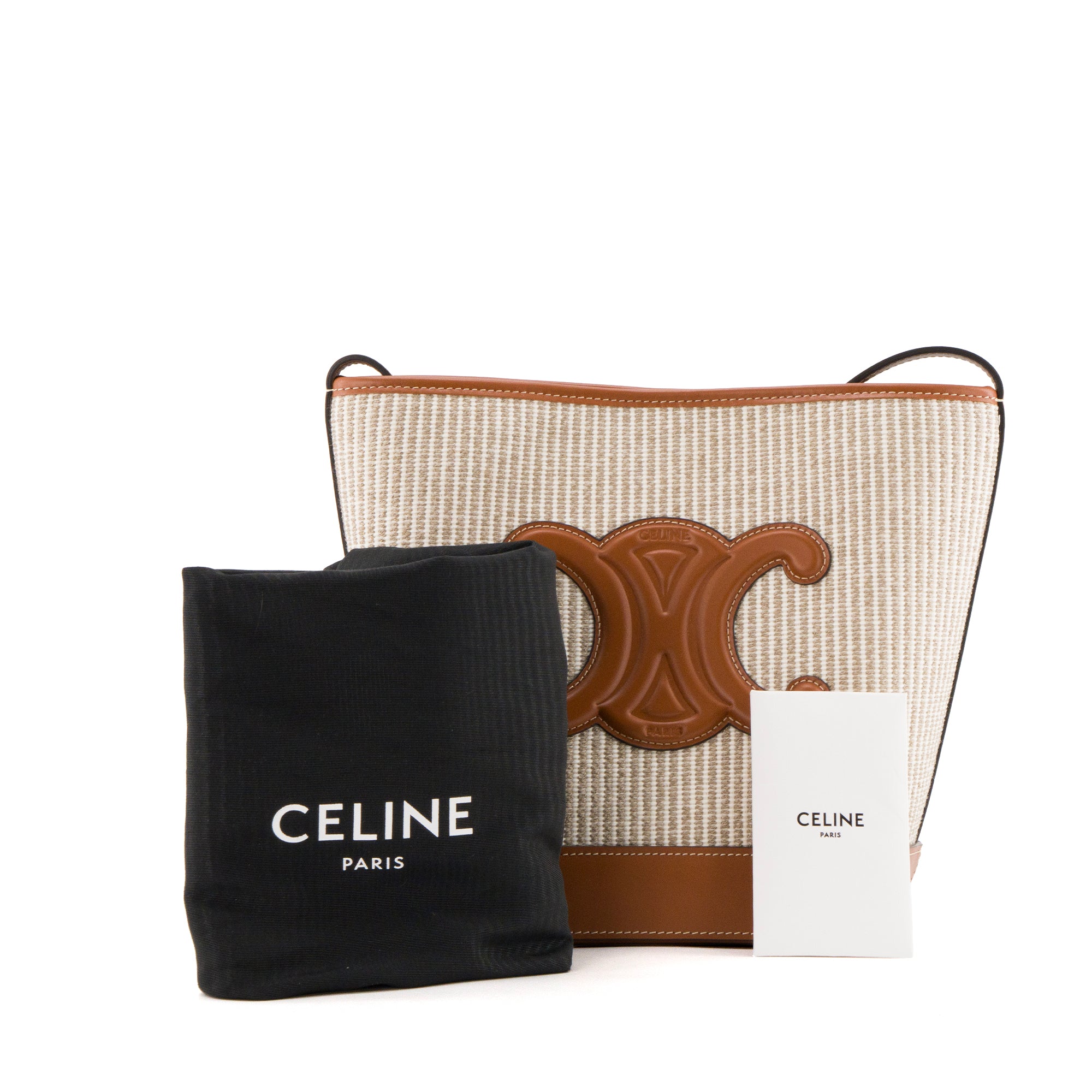 CELINE - Sac à bandoulière Bucket Small Celine en cuir lisse marron et toile beige