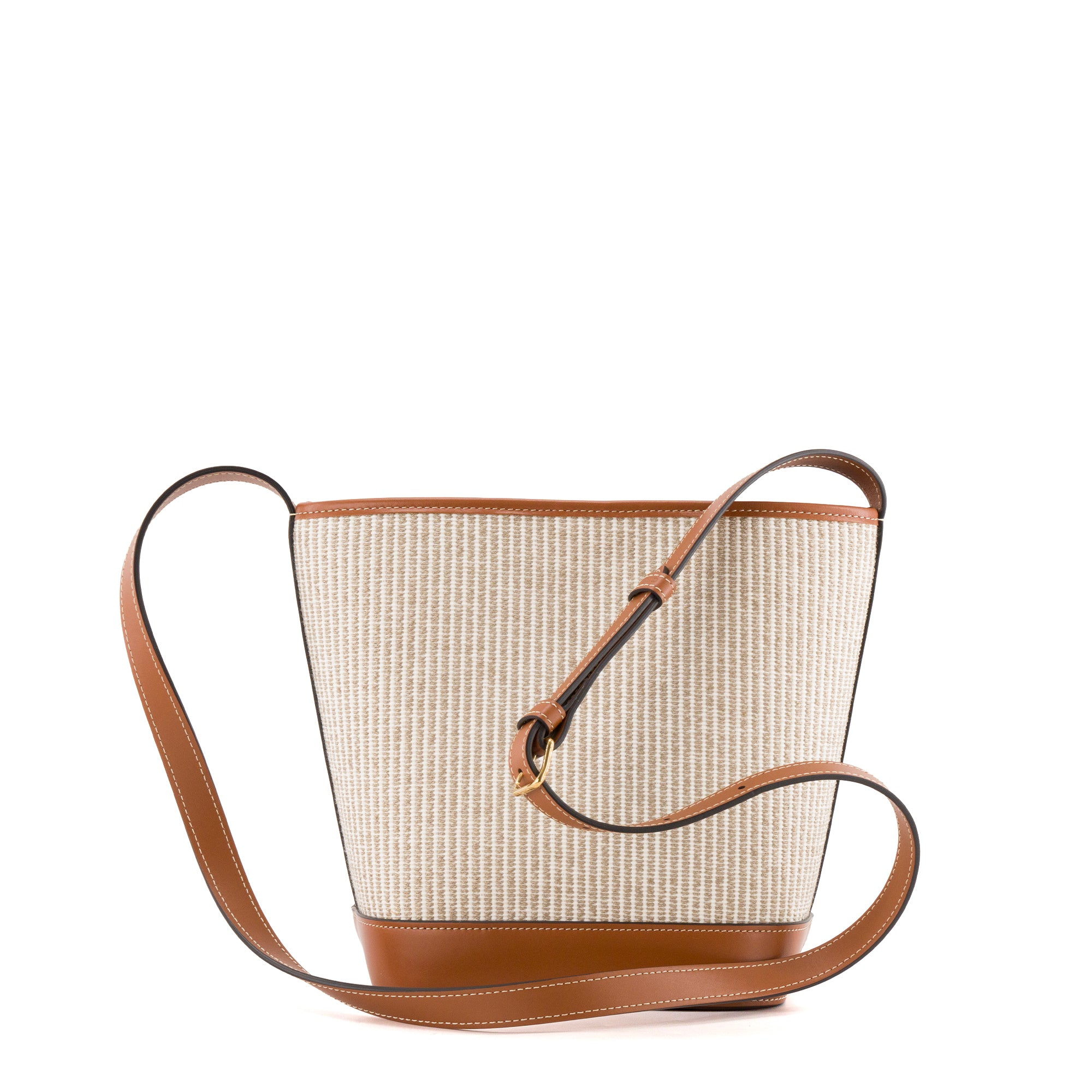 CELINE - Sac à bandoulière Bucket Small Celine en cuir lisse marron et toile beige
